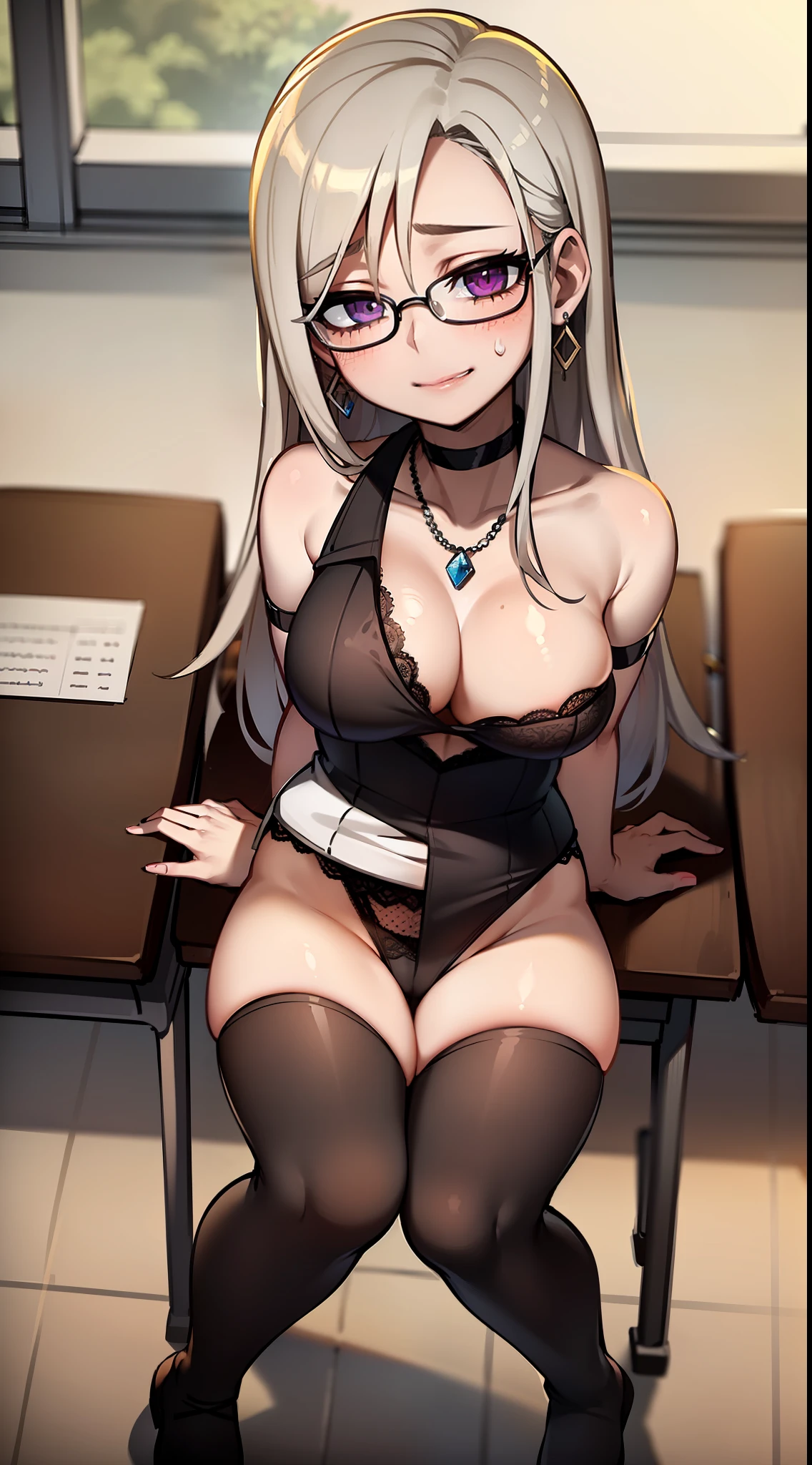 woman 20 years, long straight hair, brown colored hair, (Best Quality, Masterpiece: 1.1), (Fidelity: 1.4), (nfsw: 1.5), (Detailed scenery in the background: classroom, with tables), (bright lip gloss, red lipstick, many eyelashes, dark black eyeshadow), silver circular glasses, lascivious look, purple pupil, lascivious smile, blushing, freckles by the body, high quality, high resolution, necklaces, chokers, earrings and bracelets, saggy , translucent lace pantieslucent lace small bra, breasts are a come out of bra, bra is about to burst, breast nipple is prog, break shape is visible, trent white shirt off shoulder, full body, beautiful skin, knees apart, lots of exposure, very sexy body line, lascivious body, sitt at the teacher's desk, legs spread, bare crotch, camel's paw, detailed hairy pubic anatomy, hard chest beak, looking at the viewer, pov from above,
