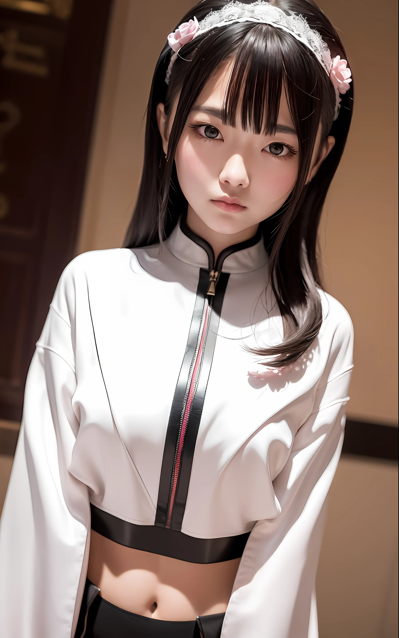 ulzzang-6500-v1.1, (original photo: 1.2), (photo fidelity: 1.4) best quality, masterpiece, illustration, extremely delicate beauty, extremely detailed, CG, unified, 8k wallpaper, stunning, exquisite details, masterpiece, best quality, official art, extremely detailed CG uniform 8k wallpaper, beautiful detailed eyes, glowing face, movie lighting, 1 girl, [white leather jacket: pink leather jacket: 0.3], [black garter: purple garter: 0.5], Perspective, Looking at the Audience, Gentle, Outdoor, Chinese Woman, Pout, Chinese Costume, Depth of Field, Lace Gloves