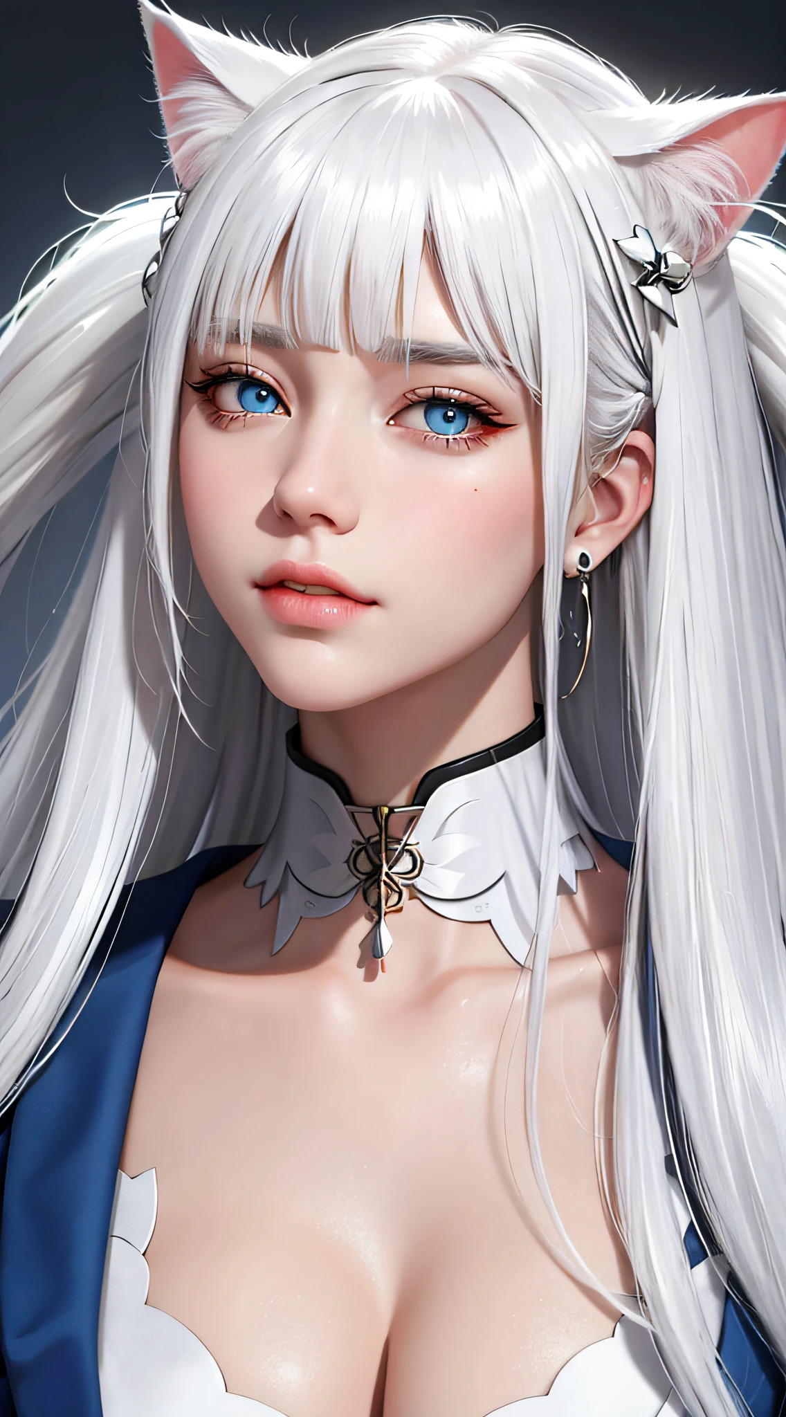 Light white hair, blunt bangs, asymmetrical hair, hair behind the ears, long hair, wavy hair, blue eyes, cat pupils, eyebrows behind hair, cat ears, severe, facial hair, UHD, anatomically correct, textured skin, high detail, 1080P, Japanese traditional clothing, sexy, exposed, big breasts, at the seaside, the most beautiful pose