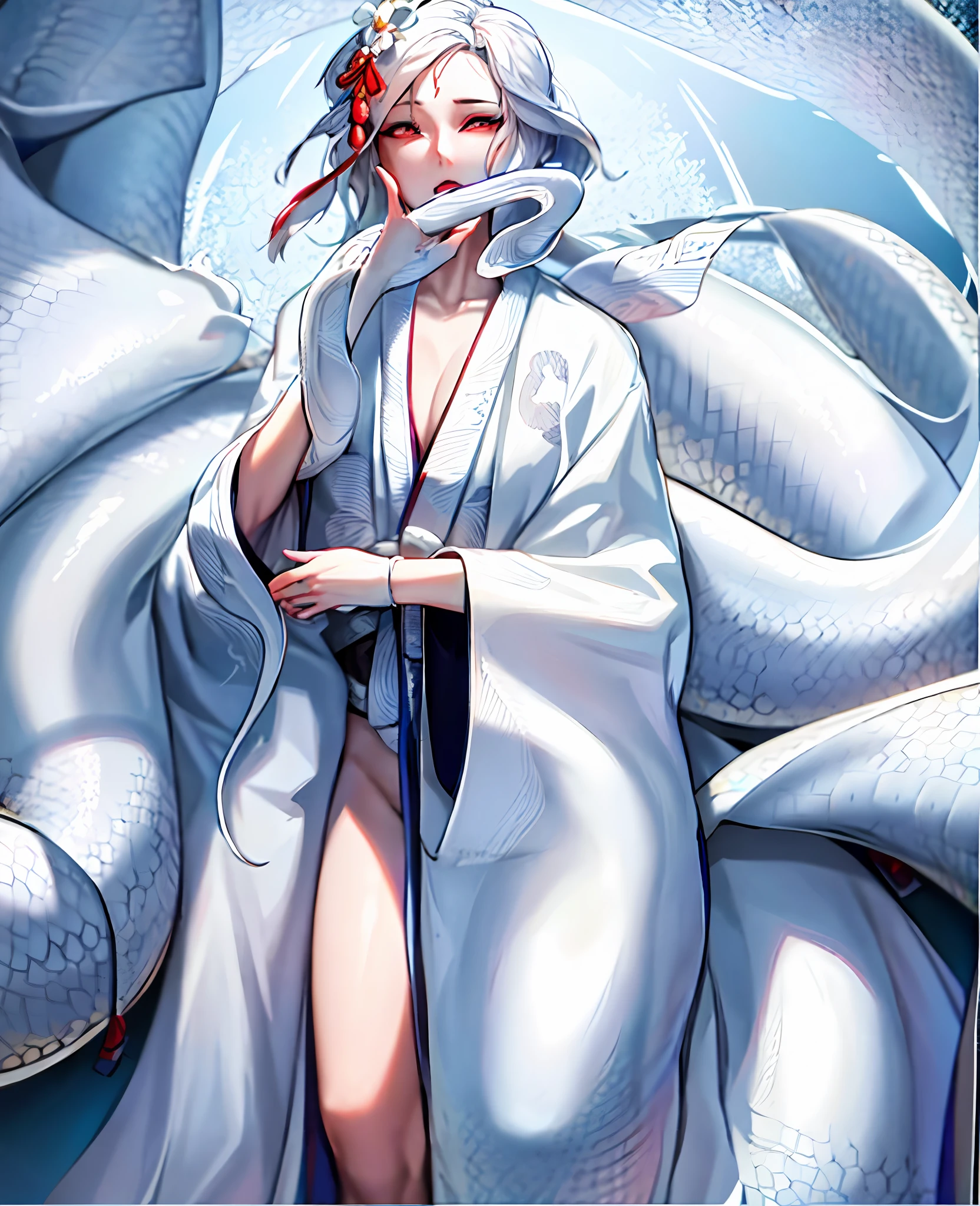 Kimono wide open with both hands, kimono with white thin pattern, lake, white snake wrapped around the body, woman can see the torso of a large snake in the upper right corner, sensual expression, woman incarnate of white snake, hands are on the collar