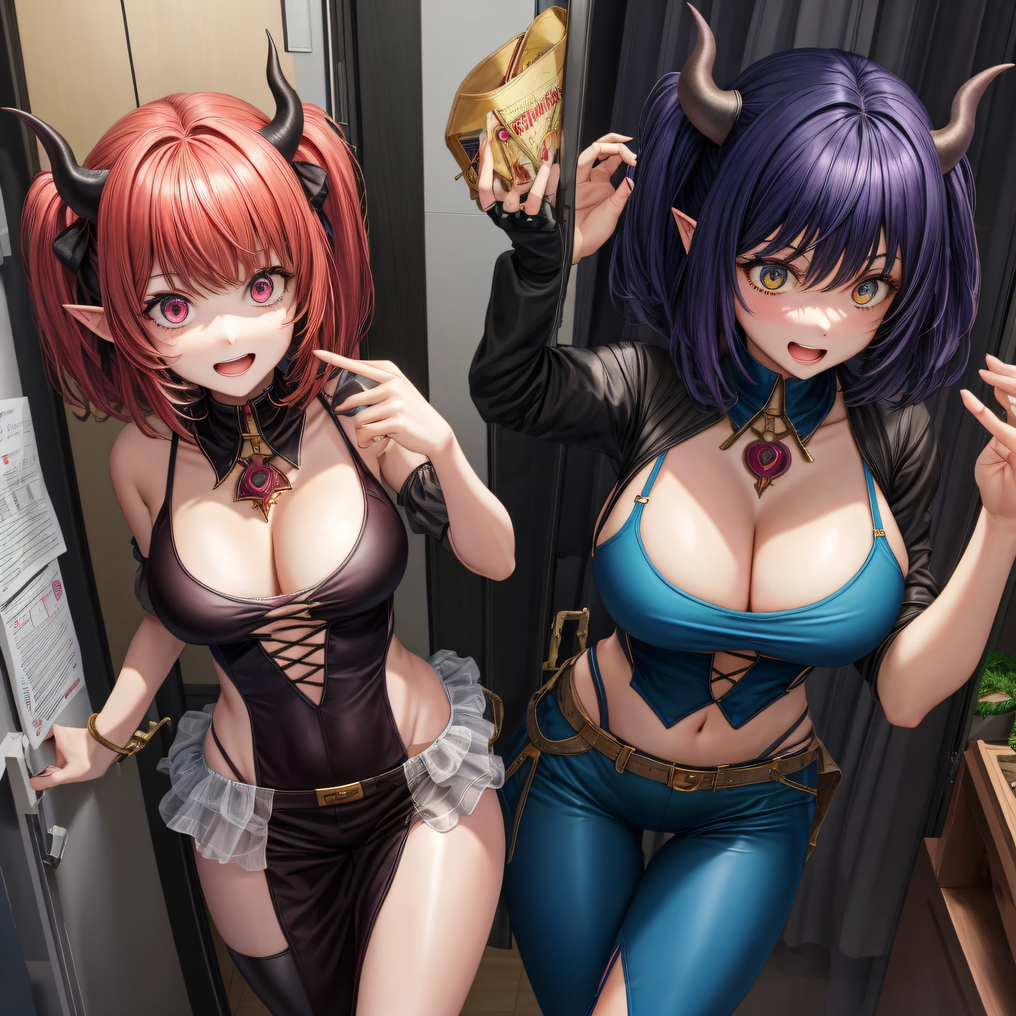 best quality, detailed face, detailed eyes, 1girl, demon girl, succubus, upper body, two panels BREAK, short hair, (small breasts: 1.5), :d, (trembling: 1.2), BREAK, breast expansion, (BEPlus: 1.5), (lines of motion: 0.7), tremors, looking at breasts, (embarrassed: 1.3), shocked, excited, focus on breasts, (girl in her room: 1.5), neckline