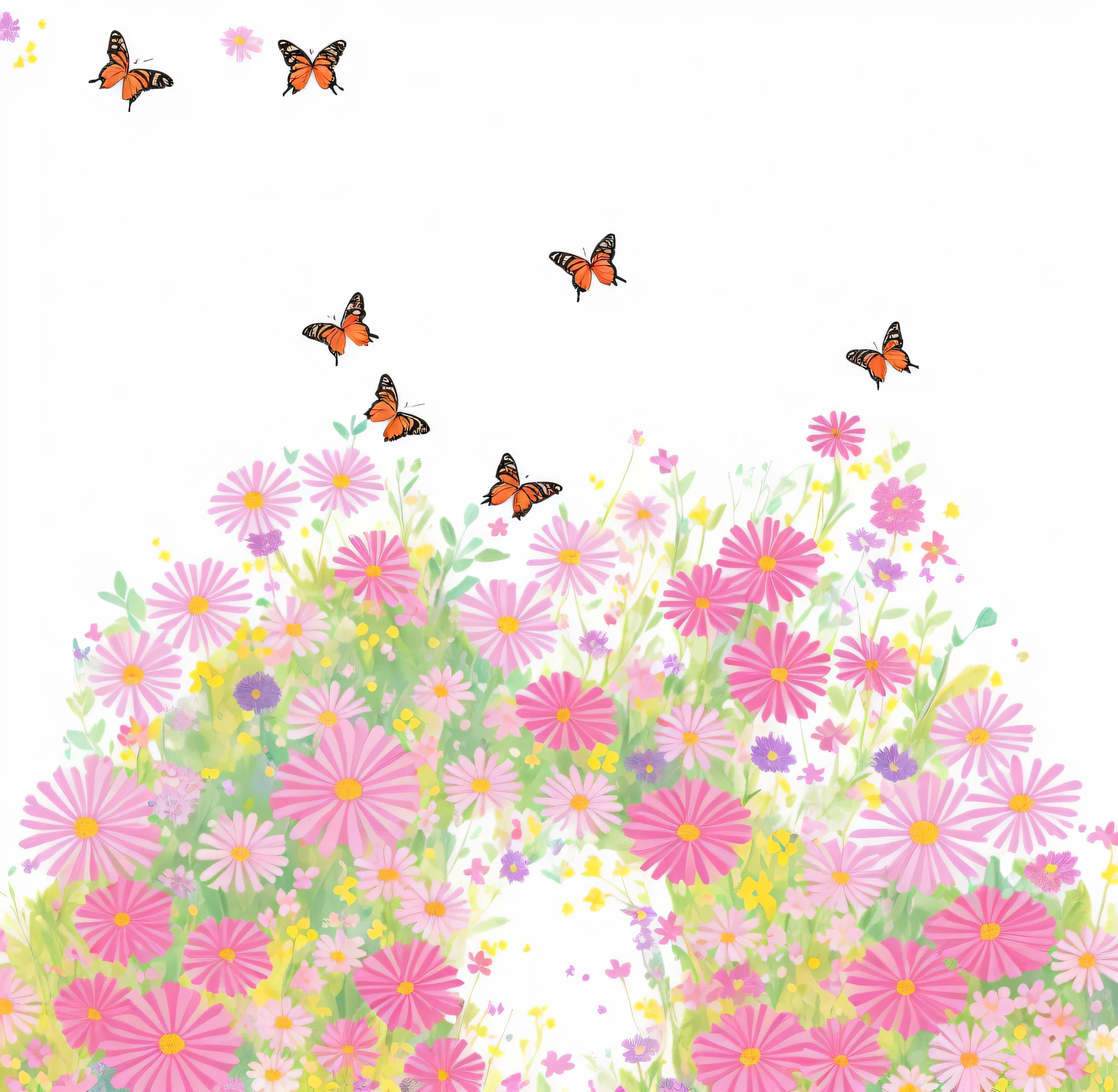 There is a picture of a pattern, butterflies flying around, floral environment, floral design, blooming flowers, flowers and trees, flowers with color, flower background, decorated with flowers, flowers in the background, flower mountain background, pink arch, flowers in bloom, flower renewal, surrounding flowers, blooming and flowers in the background, flower background