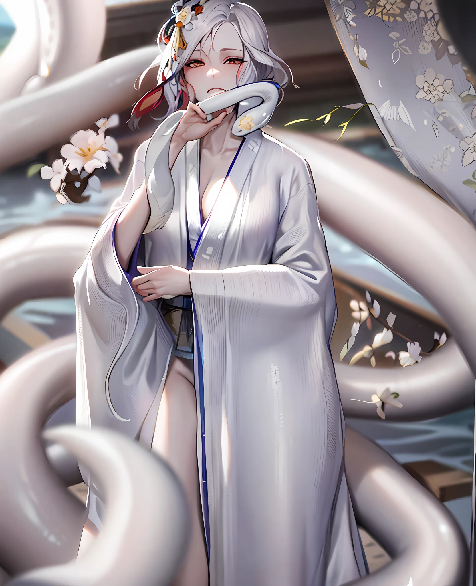 Kimono wide open with both hands, kimono with white thin pattern, lake, white snake wrapped around the body, woman can see the torso of a large snake in the upper right corner, sensual expression, woman incarnate of white snake, hands are on the collar