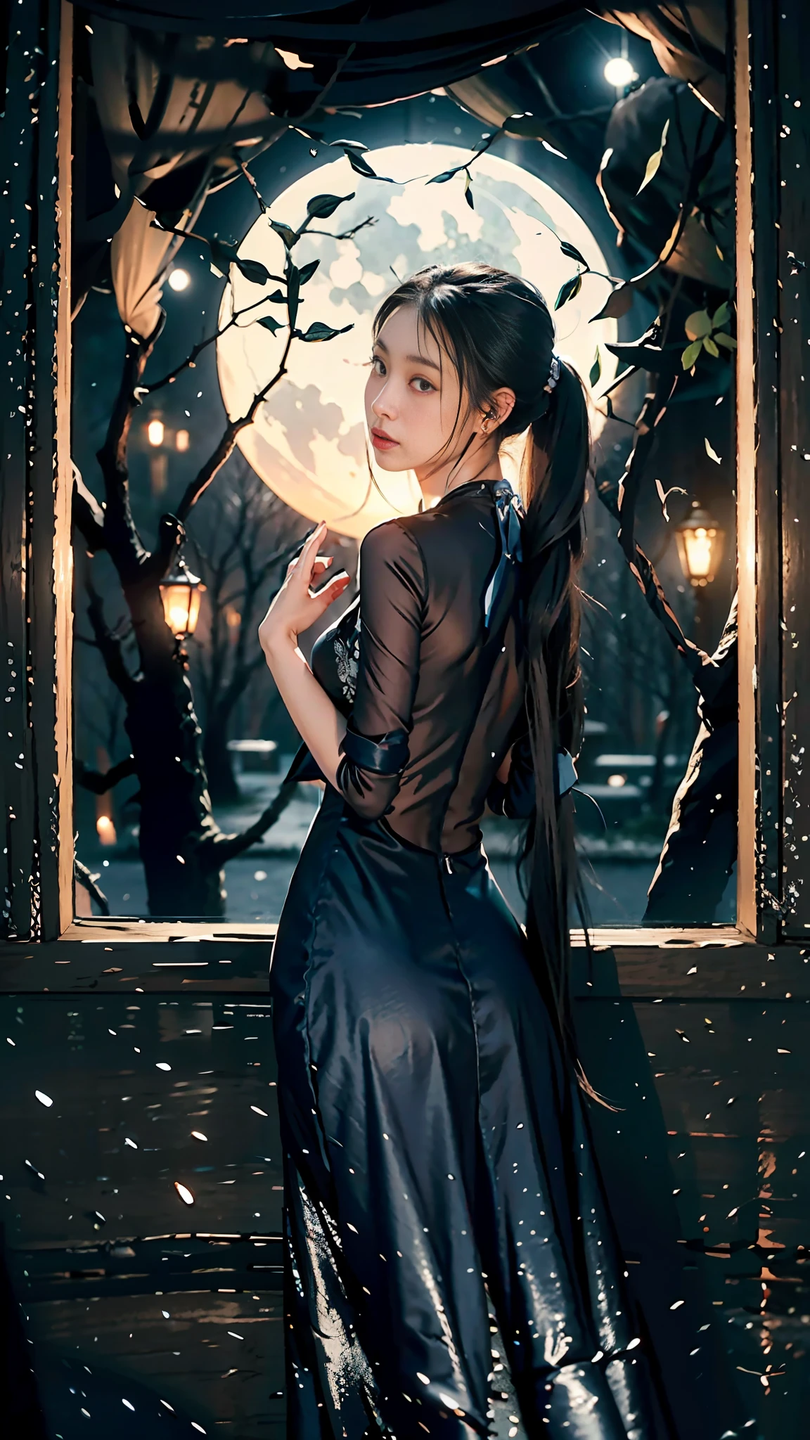 In front of the window in the dark room stood an Asian beauty, wearing a dark blue bare-backed tight dress, black extra-long ponytail, and outside the window was a dark wood, with the silhouette of the moon and trees. Ultra-clear picture quality, exquisite details,