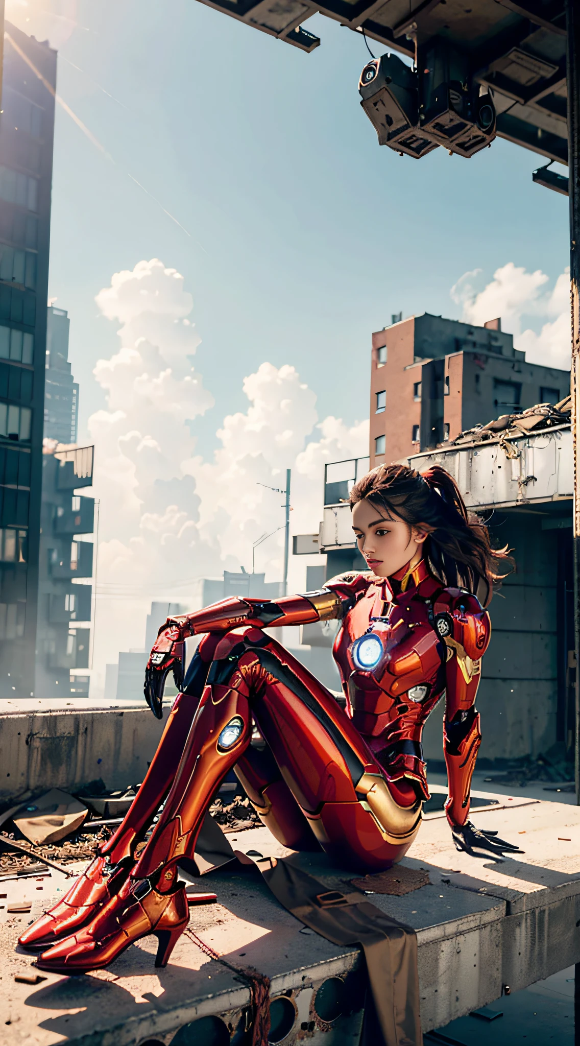 RAW, Masterpiece, Ultra Fine Photo,, Best Quality, Ultra High Resolution, Photorealistic, Sunlight, Full Body Portrait, Stunningly Beautiful,, Dynamic Poses, Delicate Face, Vibrant Eyes, (Side View) , she is wearing a futuristic Iron Man mech, red and gold color scheme, highly detailed abandoned warehouse background, detailed face, detailed and complex busy background, messy, gorgeous, milky white, high detailed skin, realistic skin details, visible pores , sharp focus, volumetric fog, 8k uhd, dslr camera, high quality, film grain, fair skin, photorealism, lomography, sprawling metropolis in futuristic dystopia, view from below, translucent