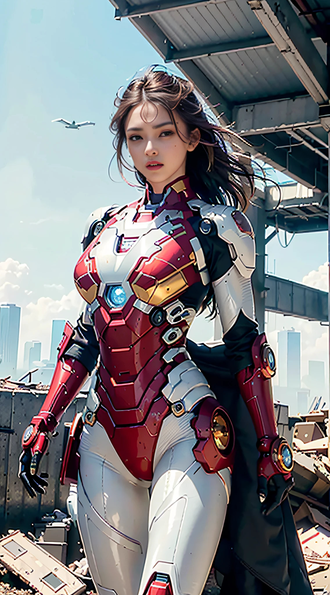 RAW, Masterpiece, Ultra Fine Photo,, Best Quality, Ultra High Resolution, Photorealistic, Sunlight, Full Body Portrait, Stunningly Beautiful,, Dynamic Poses, Delicate Face, Vibrant Eyes, (Side View) , she is wearing a futuristic Iron Man mech, red and gold color scheme, highly detailed abandoned warehouse background, detailed face, detailed and complex busy background, messy, gorgeous, milky white, high detailed skin, realistic skin details, visible pores , sharp focus, volumetric fog, 8k uhd, dslr camera, high quality, film grain, fair skin, photorealism, lomography, sprawling metropolis in futuristic dystopia, view from below, translucent