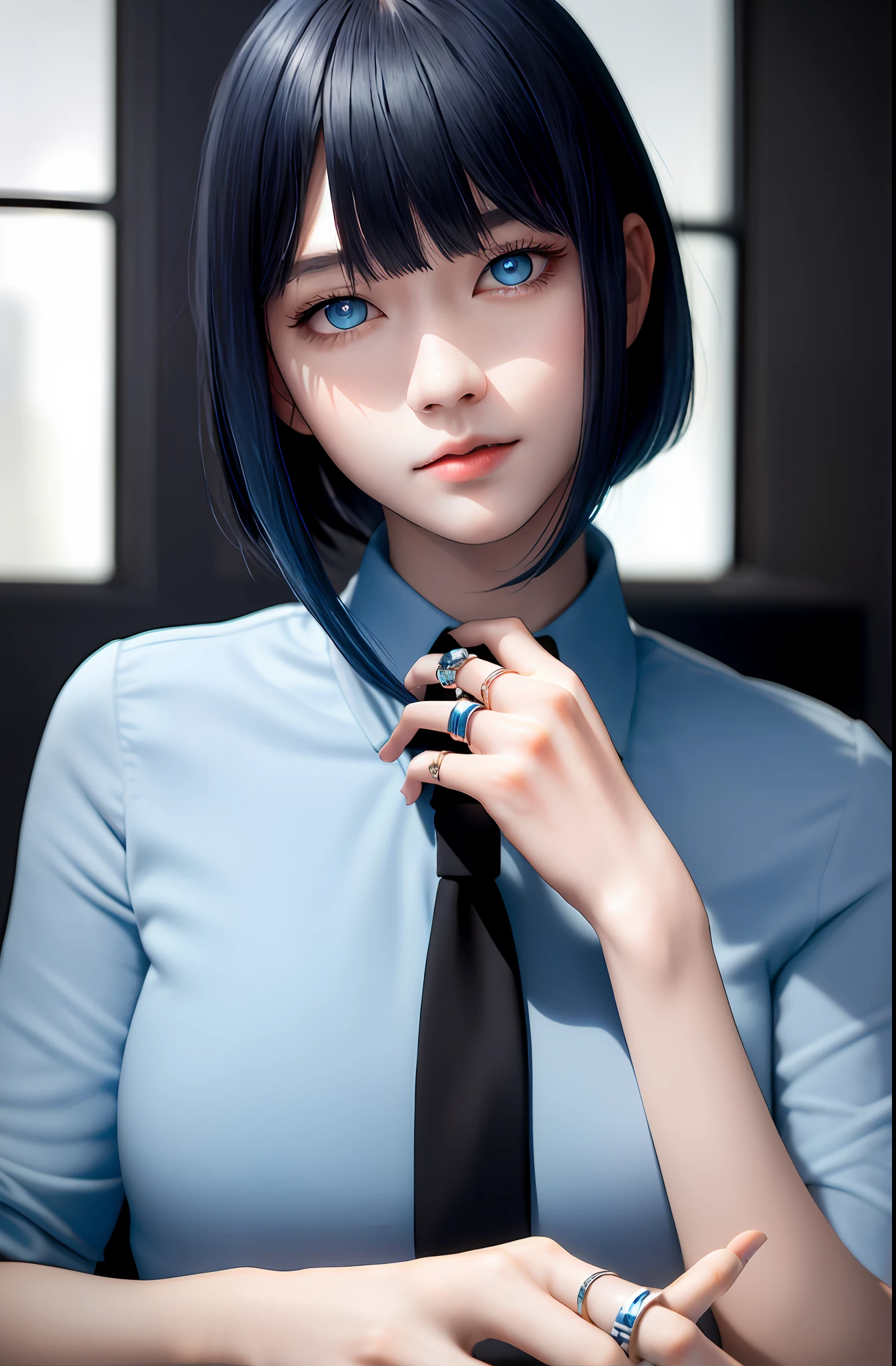 Masterpiece, (Photorealistic: 1.4), Best Quality, Beautiful Lighting, (ulzzang-6500:0.5), Makima \(Chainsaw Man\), (Bob Hair) + (Black Hair) + (Bangs), Blue Eyes, Blue Eyes, (((Ring Eyes)), (Blue Shirt), (Tie), RAW Photography, 8k UHD, Film Grain