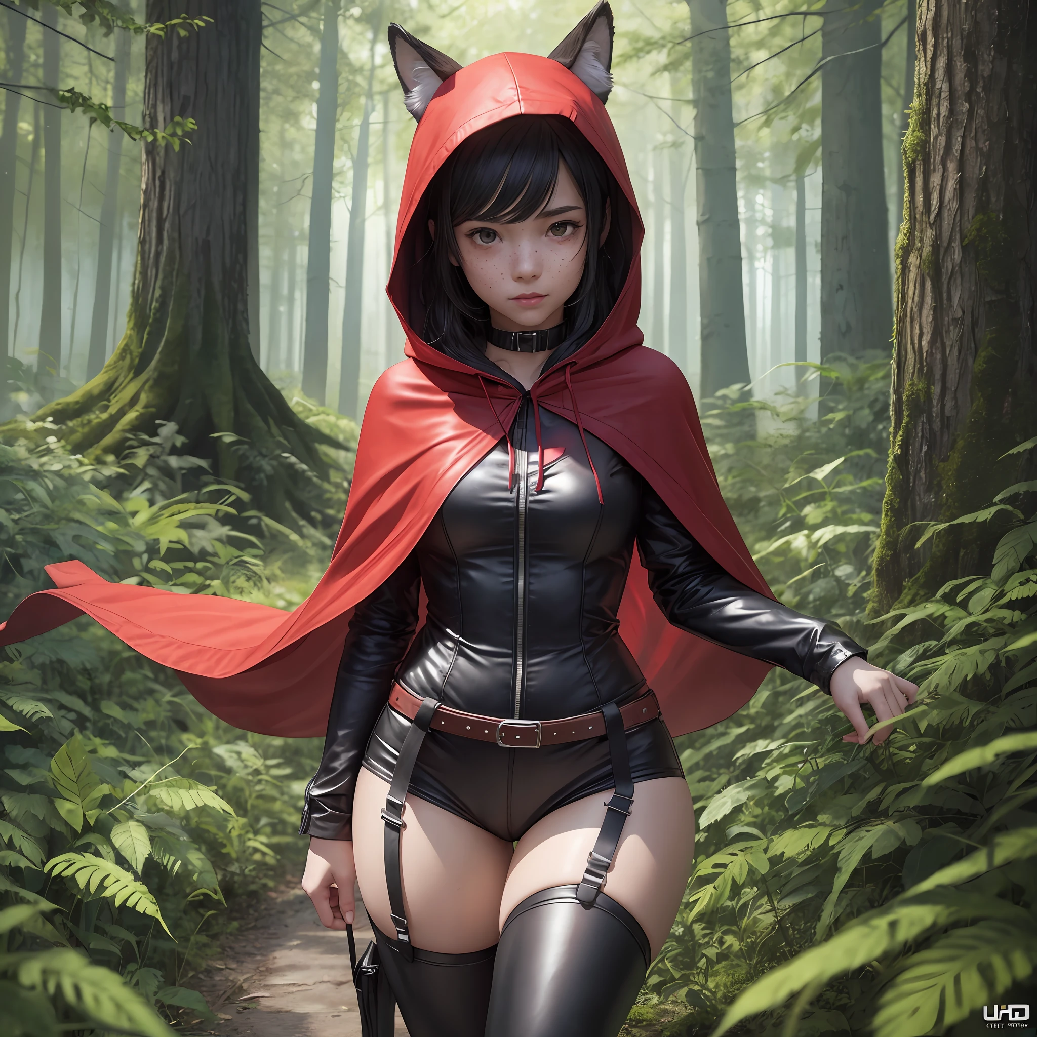 Girl dressed in little red hood pretending to be evil wolf, ankle waist, thick thighs, oozing tears, detailed skin with freckles, highly detailed backgrounds shadowy forest with small illuminating sunlights passing among the foliage of the trees, wolf barely chasing in the background of realistic photo, ultra realism, Hyper realism, UHD, Full HD, image superior to 8k, super realistic. --auto --s2