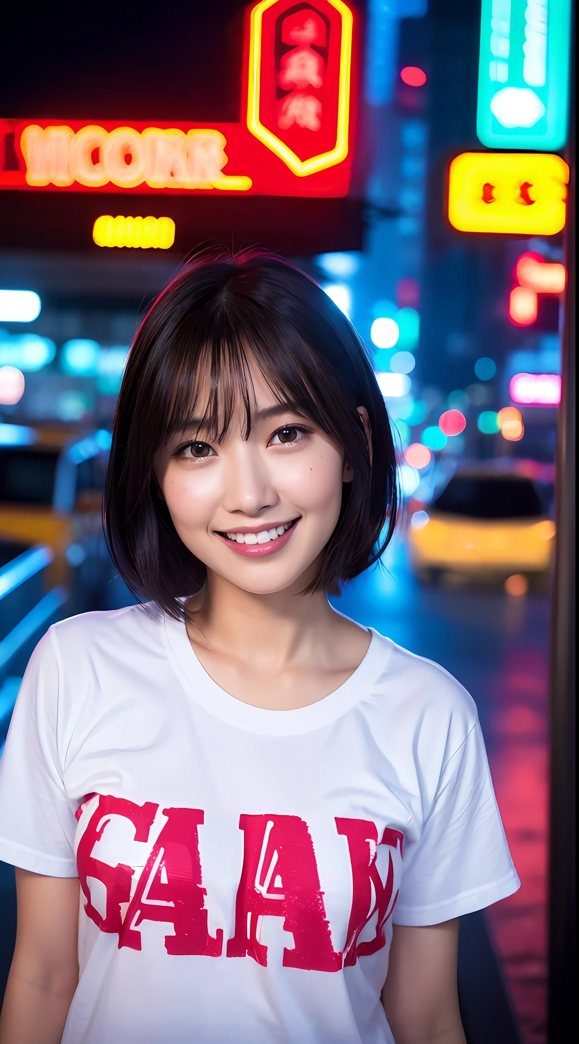 (8k, RAW Photos, Best Quality, High Resolution: 1.1), (Ultra Realistic: 1.4), (Realistic, Photorealistic: 1.3), Soft Light, Big Girl, Realistic Face, Realistic Body, Realistic Skin, Absurdity, Masterpiece, (Cute: 1.8), Cuties, Solo, (Large: 1.2), Detailed Black Eyes, Innocent Eyes, Cheeks, (T-Shirt: 1.2), Cracked Abs, Cinema Lights((Short Hair: 1.1)), Cherry Colored Lips, Close-up, Look Viewer, Upper Body, Open Lips, Top Teeth, (Smiling Eyes: 0.6), ((grinning: 1.2)), Depth of Field, Blurred Background, Eye Focus, Bokeh, Midnight, Shinjuku, Neon Sign, Cyberpunk, Rain, 85mm Lens, f/1.4, Professional Lighting, Young, Portrait, Photon mapping, radiosity, and physically based rendering
