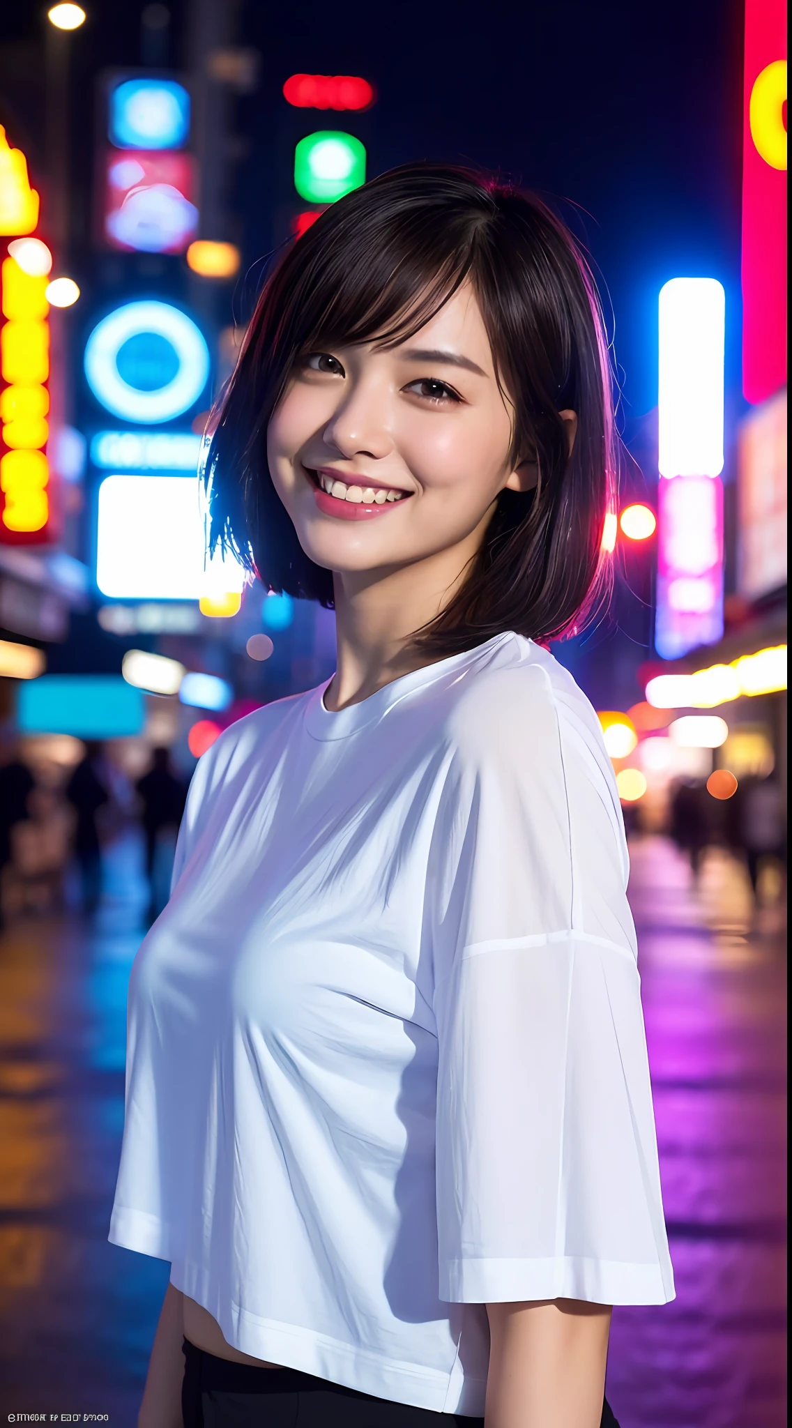 (8k, RAW Photos, Best Quality, High Resolution: 1.1), (Ultra Realistic: 1.4), (Realistic, Photorealistic: 1.3), Soft Light, Big Girl, Realistic Face, Realistic Body, Realistic Skin, Absurdity, Masterpiece, (Cute: 1.8), Cuties, Solo, (Large: 1.2), Detailed Black Eyes, Innocent Eyes, Cheeks, (T-Shirt: 1.2), Cracked Abs, Cinema Lights((Short Hair: 1.1)), Cherry Colored Lips, Close-up, Look Viewer, Upper Body, Open Lips, Top Teeth, (Smiling Eyes: 0.6), ((grinning: 1.2)), Depth of Field, Blurred Background, Eye Focus, Bokeh, Midnight, Shinjuku, Neon Sign, Cyberpunk, Rain, 85mm Lens, f/1.4, Professional Lighting, Young, Portrait, Photon mapping, radiosity, and physically based rendering