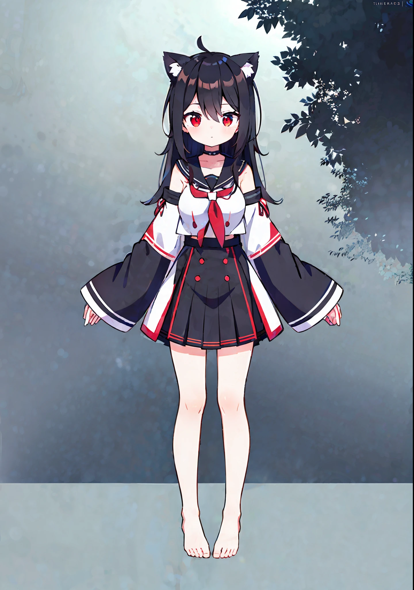 girl,cat ears ,medium boobs ,black hair ,red eyes ,long hair ,red hairpin ,messy hair,hair between eyes ,(vtuber fullbody ,standing ,bare shoulders ,sailors shirt ,bare feet ,bare legs ,wide sleeves ,long sleeves)