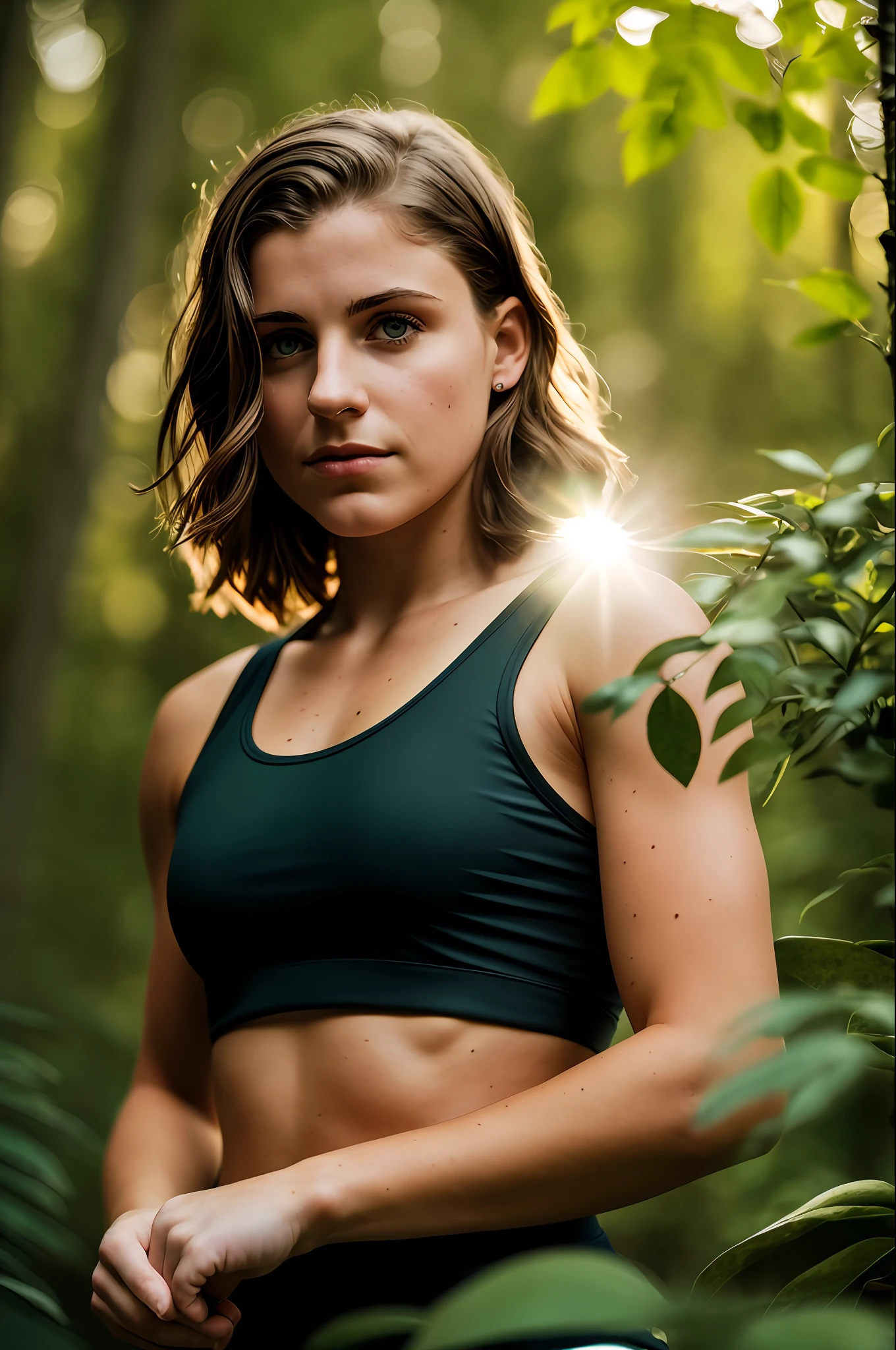 Close-up shot, 55mm Canon lens, volumetric lighting, Fujifilm XT3 lens, upper body portrait, a young white woman, muscular, very concerned facial expression, 18 years old, black tattoos, short light brown hair, short hair, straight hair, wearing a short running regatta, forest with exotic plants and flowers in the background, sunlight passing through the trees, High resolution image, detailed texture, realistic depth of field