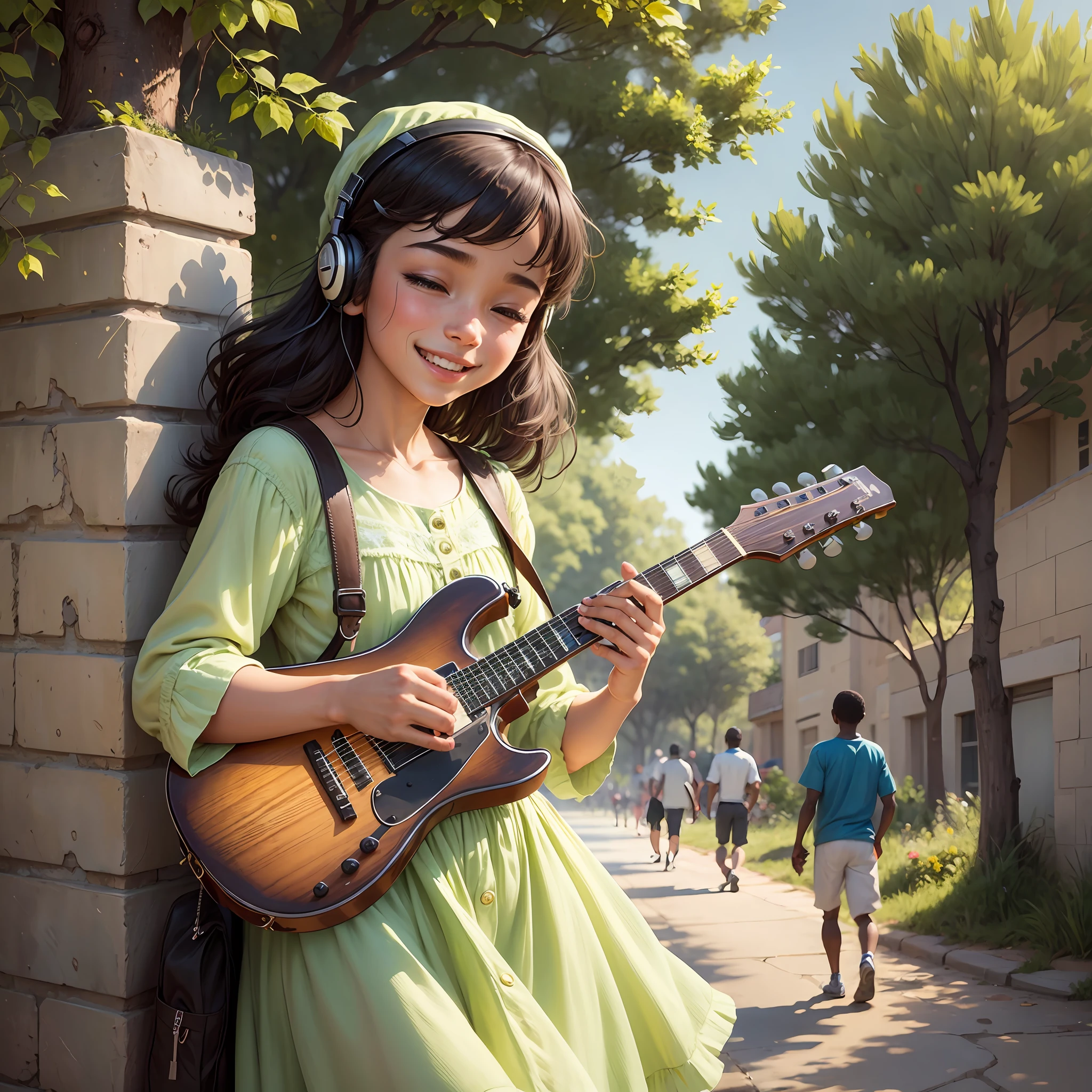 Poster Walks of Youth, landscape with a boy smiling listening to music and dancing. Another young woman happily reading the Bible. Happy young black man playing guitar. All interacting with the Young Jesus Christ --auto --s2