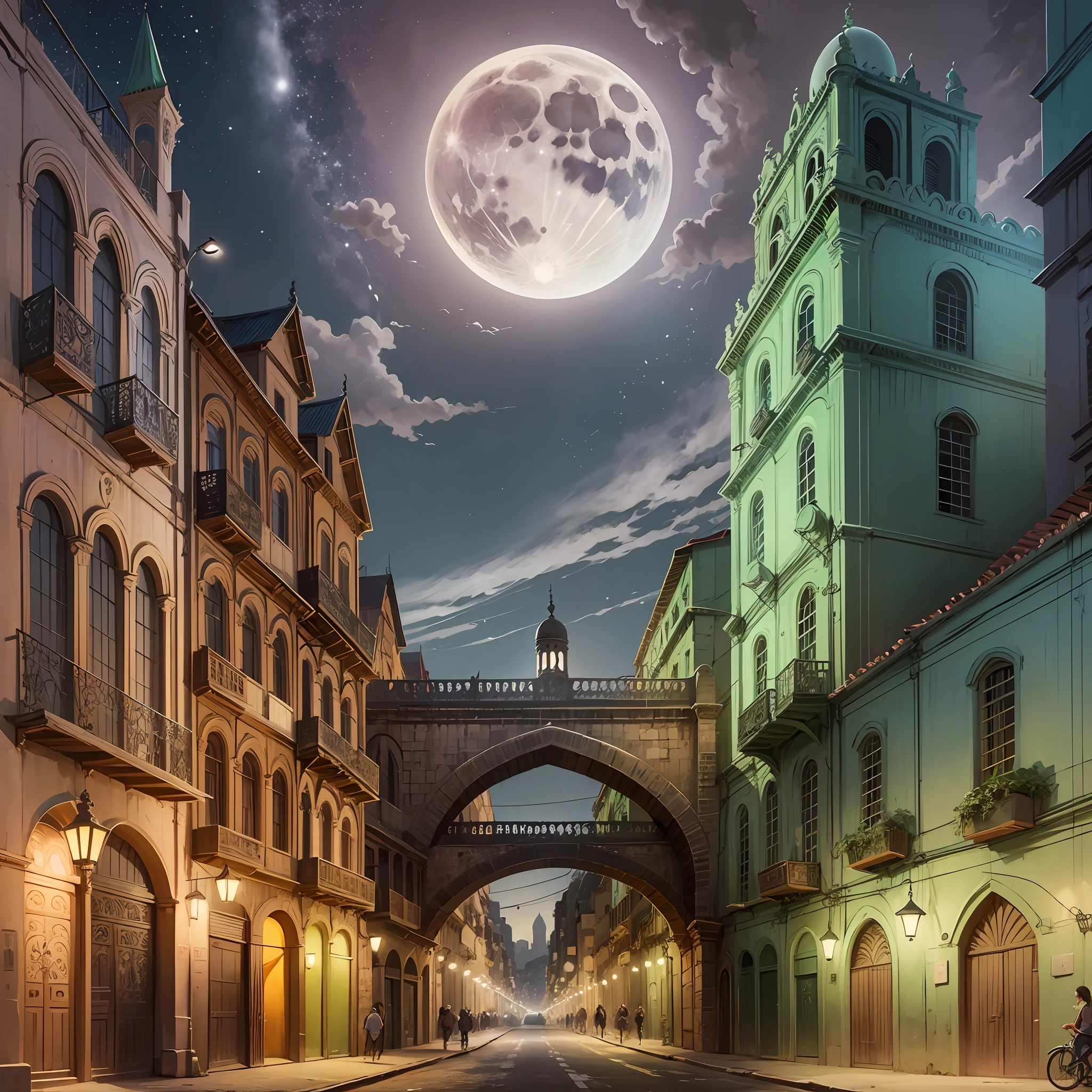 Gothic arches of Lapa at night manga style drawing , Cartoon, moon , rio de Janeiro, aqueduct, gotic, ghotham --auto --s2