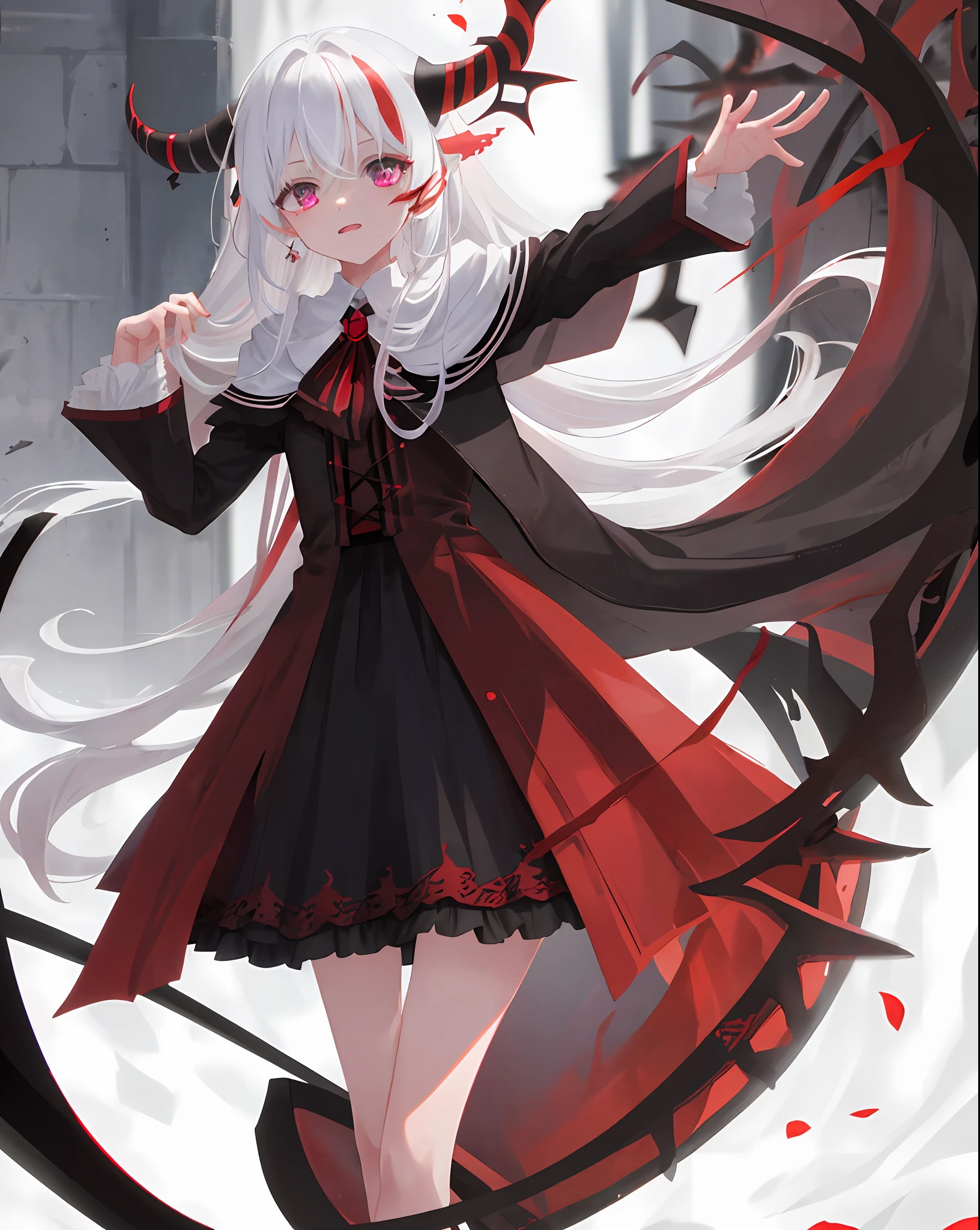 Best quality, 1 girl, white hair, blood red eyes, blood, gloomy, dark, blackened, crow, demon horn