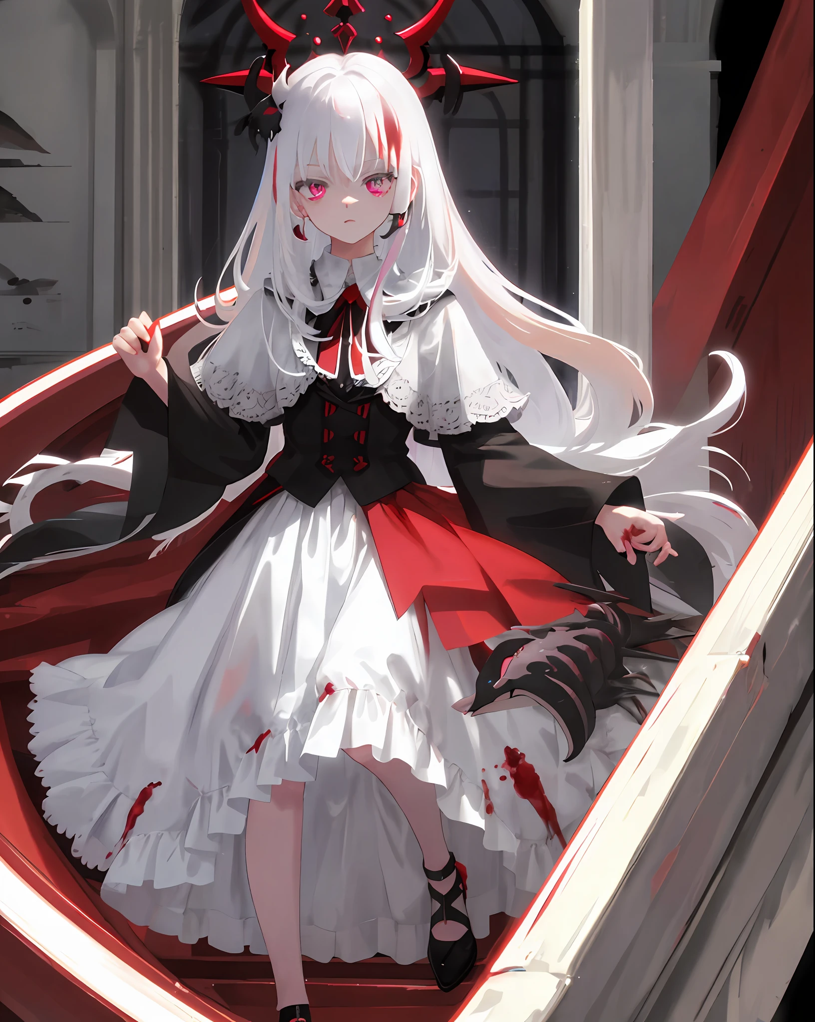 Best quality, 1 girl, white hair, blood red eyes, blood, gloomy, dark, blackened, crow, demon horn