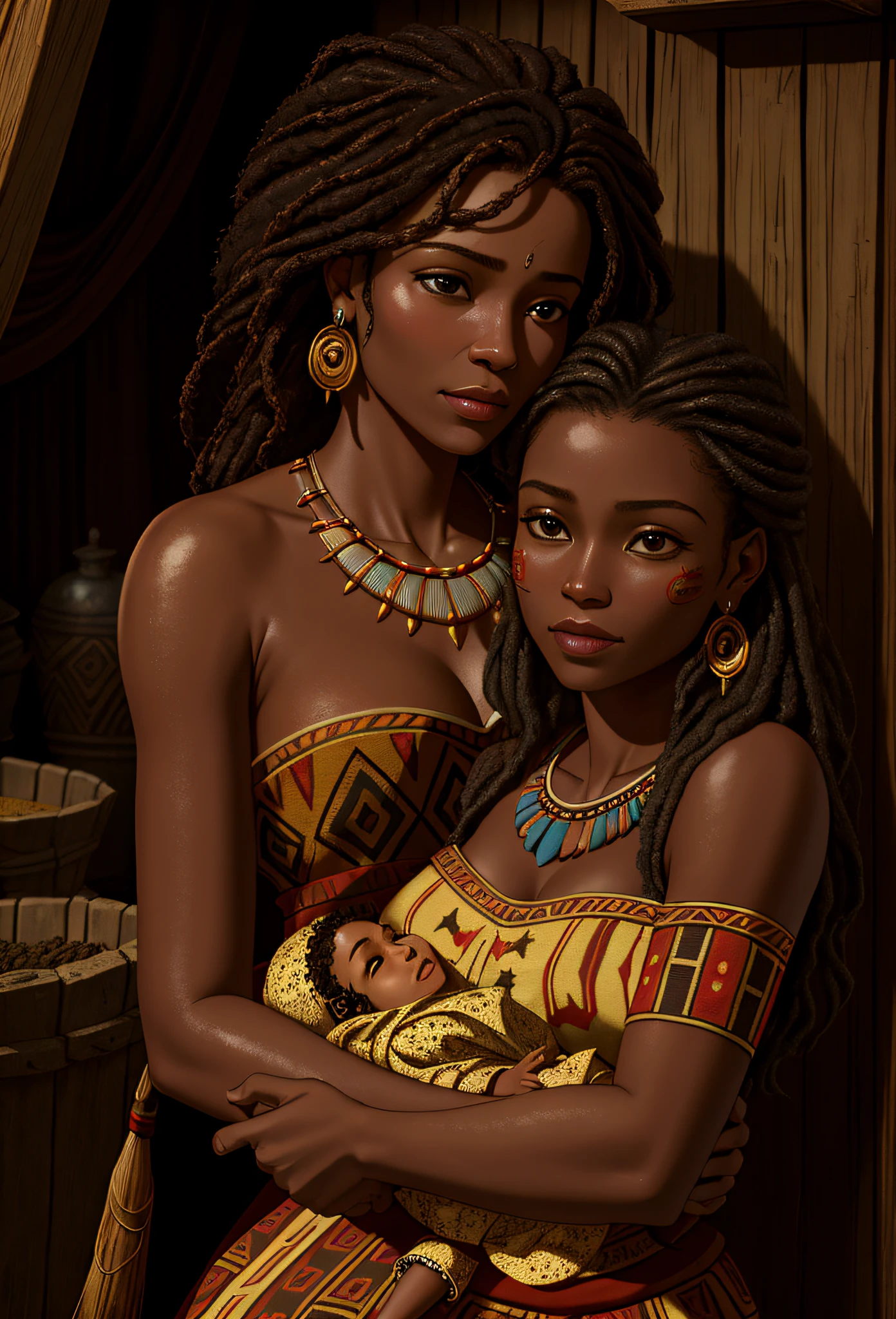 ((best quality)), ((masterpiece)), ((ultra realistic)), ((dark fantasy style)), beautiful intricately detailed soft oil painting by jim lee, a tired but happy african tribal mother cradling her newborn baby, dimly lit mud hut interior, (tribal dress:1.3), intimate, soft facial features, tribal, highly detailed, professional, 8k, uhd, soft volumetric lighting, depth of field, film grain, smooth, roughness, real life, soft warm vibrant color palette, (Viola Davis|Kerry Washington|Beyonc:0.5)