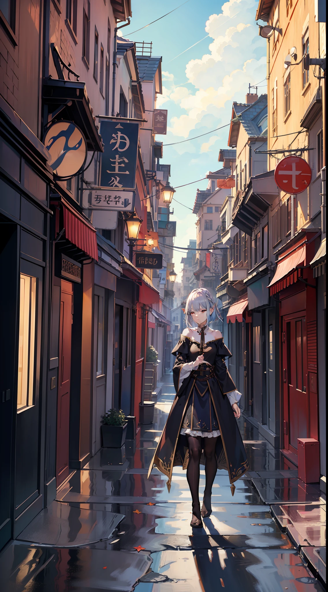 1girl, Elf, Silver hair, Red eyes, Bob cut, Braided hair, Fantasy style costume, Wizard, Ruffles, Robe, Long skirt, Tights, Black cloak, Road, Road sign, landscape, symbol, sky, solo, standing, stone floor, street, window, concept art, beautiful anime scene, beautiful anime landscape, ((Masterpiece))