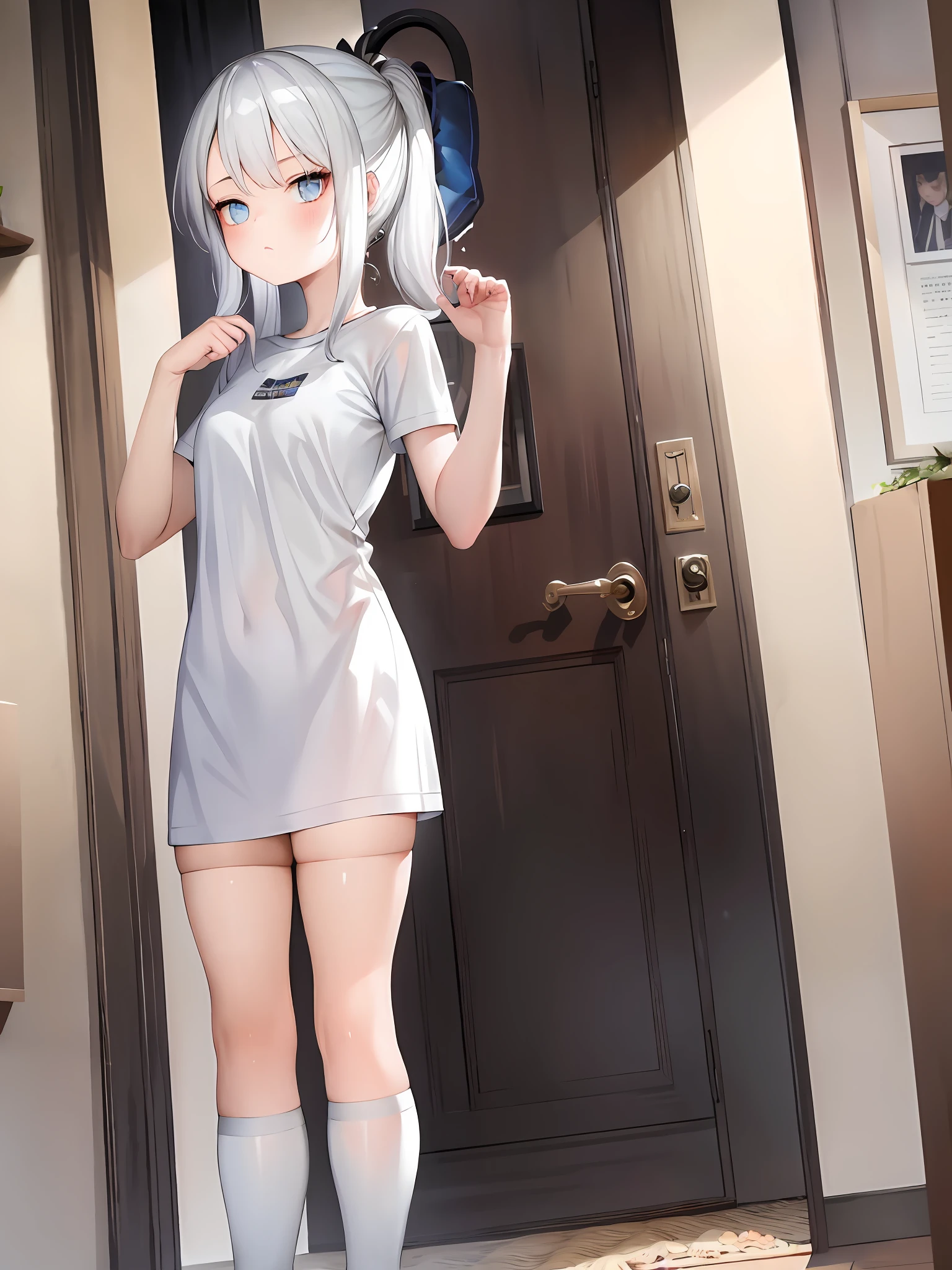 (masterpiece), best picture quality, HD fine, (1girl) looking at you at the door, white T-shirt, white stockings, double ponytail, silver hair, blue eyes, slightly flushed face.