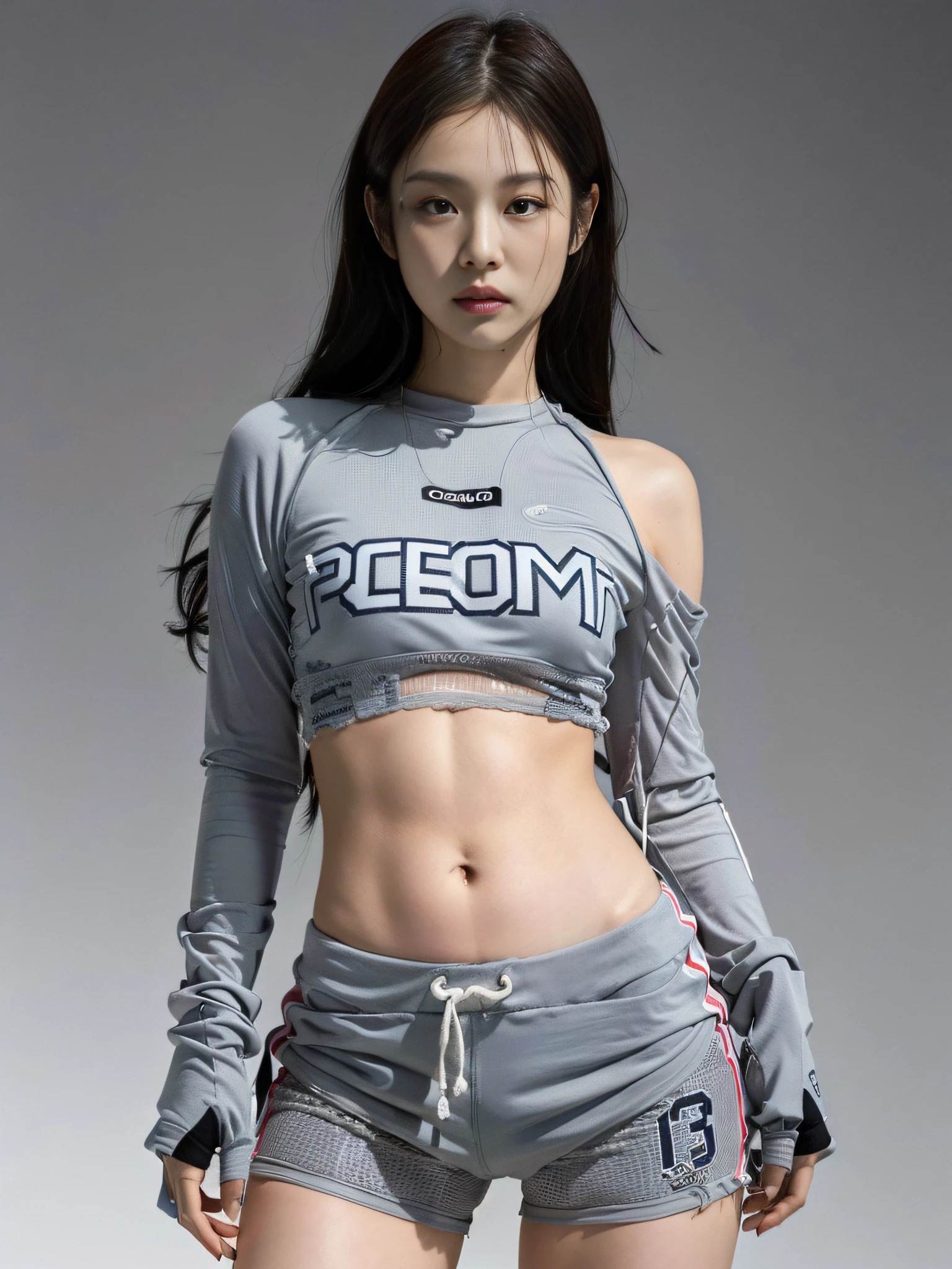 (1girl:1.3), Solo, __body-parts__, Kim Ji-ni Jennie face, wearing trendy brand, football T-shirt, thin body, bare waist, football shorts, world-weary face, cold eyes, Korean style photo photos, photographic lighting, strong contrast, sunlight on the face, world-weary face, high-class sense, cold eyes, feminine, background cement gray, 8k resolution image, intricate symmetrical details. The whole picture goes forward, mainly a woman standing all over her body, with smooth movements and a complete picture.