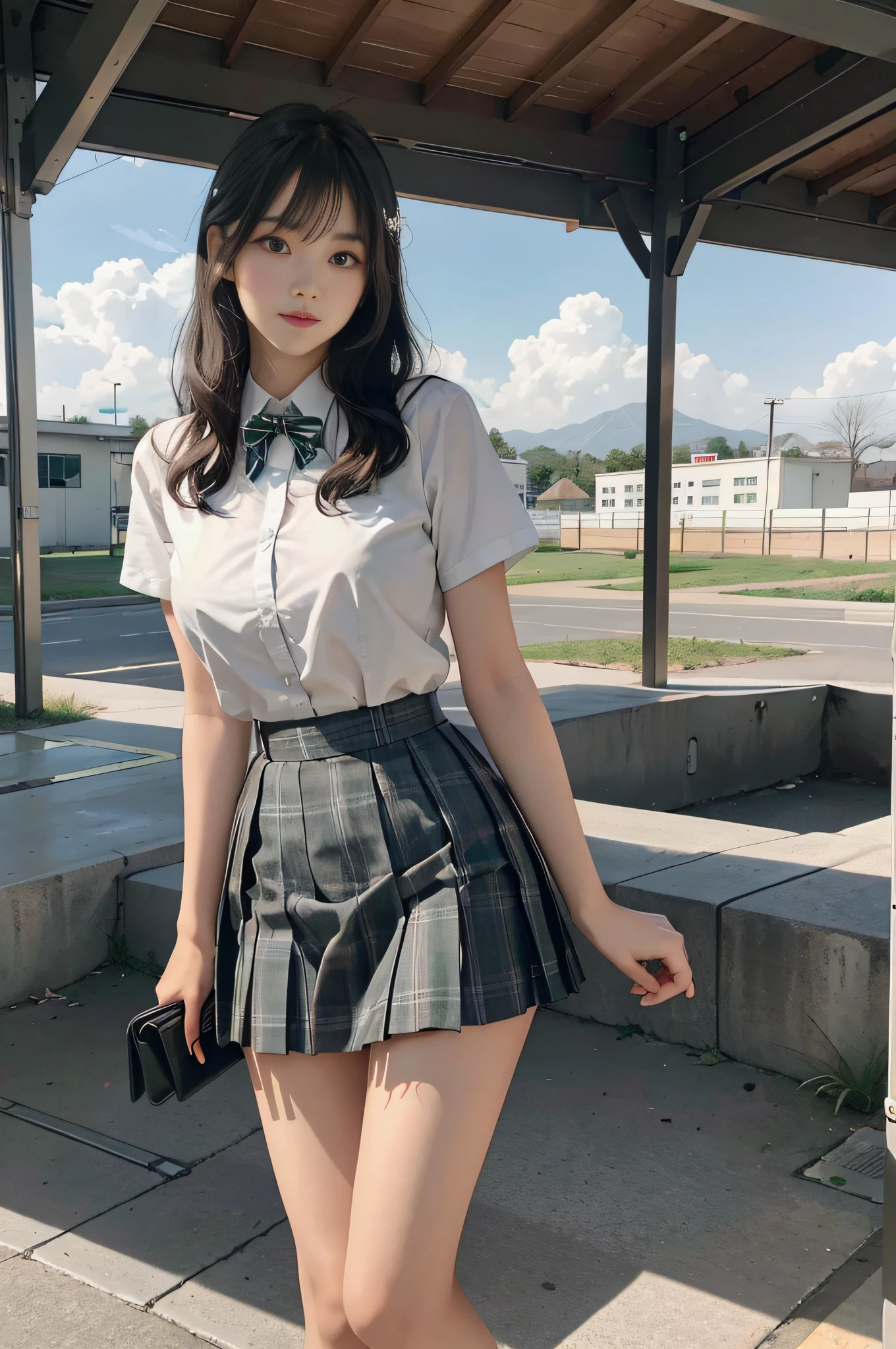 Top quality, RAW photos, super high resolution, 17-year-old Korean, very big round breasts, shiny black hair, short cuts, matching bangs, school uniform, shirt, ribbon, green plaid skirt, simple hair ornament, beautiful eyes, very thin mouth, smile,, beautiful eyes in detail, slender eyes, sanpaku eyes, dark cheek makeup, long eyelashes, beautiful double eyelids, eye shadow, Beautiful slender legs, various poses like school, school smoking area, model