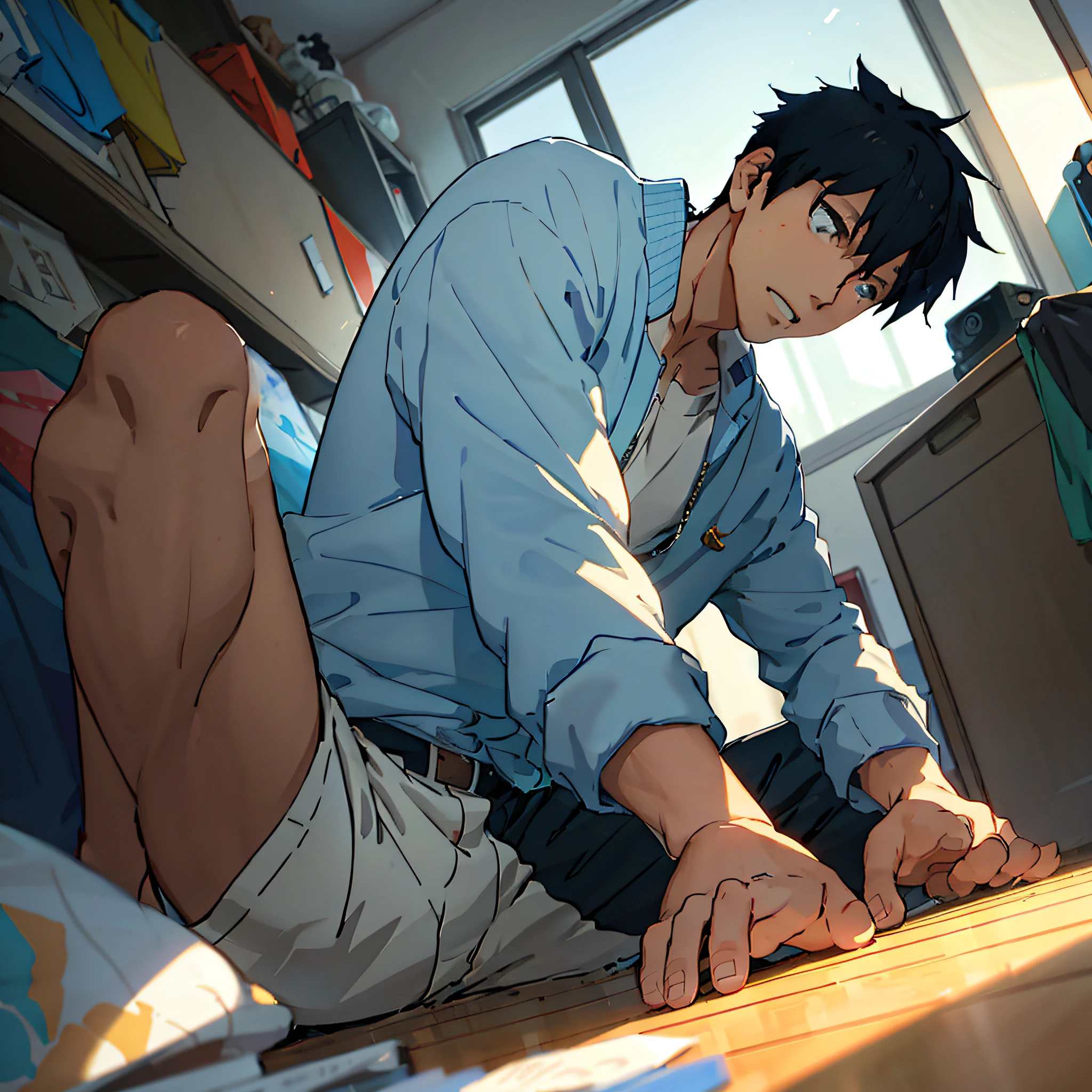 anime guy in a blue shirt and white shirt playing with a toy, greg rutkowski makoto shinkai, handsome anime pose, ( ( makoto shinkai ) ), makoto shinkai cyril rolando, ross tran and makoto shinkai, makoto shinkai. —h 2160, makoto shinkai art style, makoto shinkai style