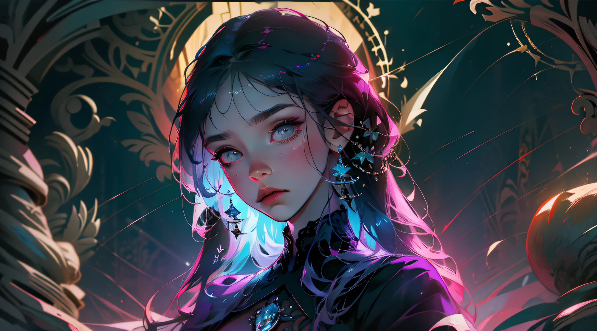 Official Art, Unity 8k wallpaper, ultra-detailed, beautiful, beautiful, masterpiece, best quality, dark, atmospheric, mystical, romantic, creepy, literature, art, fashion, victorian, decoration, intricate, ironwork, lace, contemplation, emotional depth, supernatural, 1 girl, solo, neck, bust