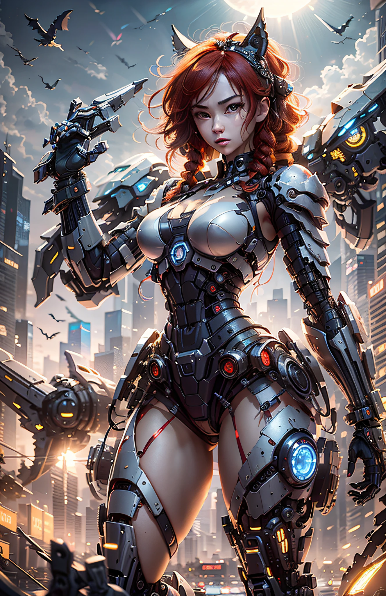 (Best Quality)), ((Masterpiece)), (Very Detailed: 1.3), 3D, Beautiful cyberpunk woman, batman cosplay, sci-fi technology, HDR (High Dynamic Range), ray tracing, nvidia RTX, super resolution, unreal 5, subsurface scattering, PBR texture, post-processing, anisotropic filtering, depth of field, maximum sharpness and sharpness, multi-layer texture, specular and albedo mapping, surface shading, accurate simulation of light-material interactions, perfect proportions, octane rendering, duotone lighting, low ISO, white balance, rule of thirds, wide aperture, 8K RAW, high efficiency subpixels, subpixel convolution, light particles, light scattering, Tyndall effect, very sexy bikini, full body, battle pose, red hair with braids, bats in the sky notuno, full moon,