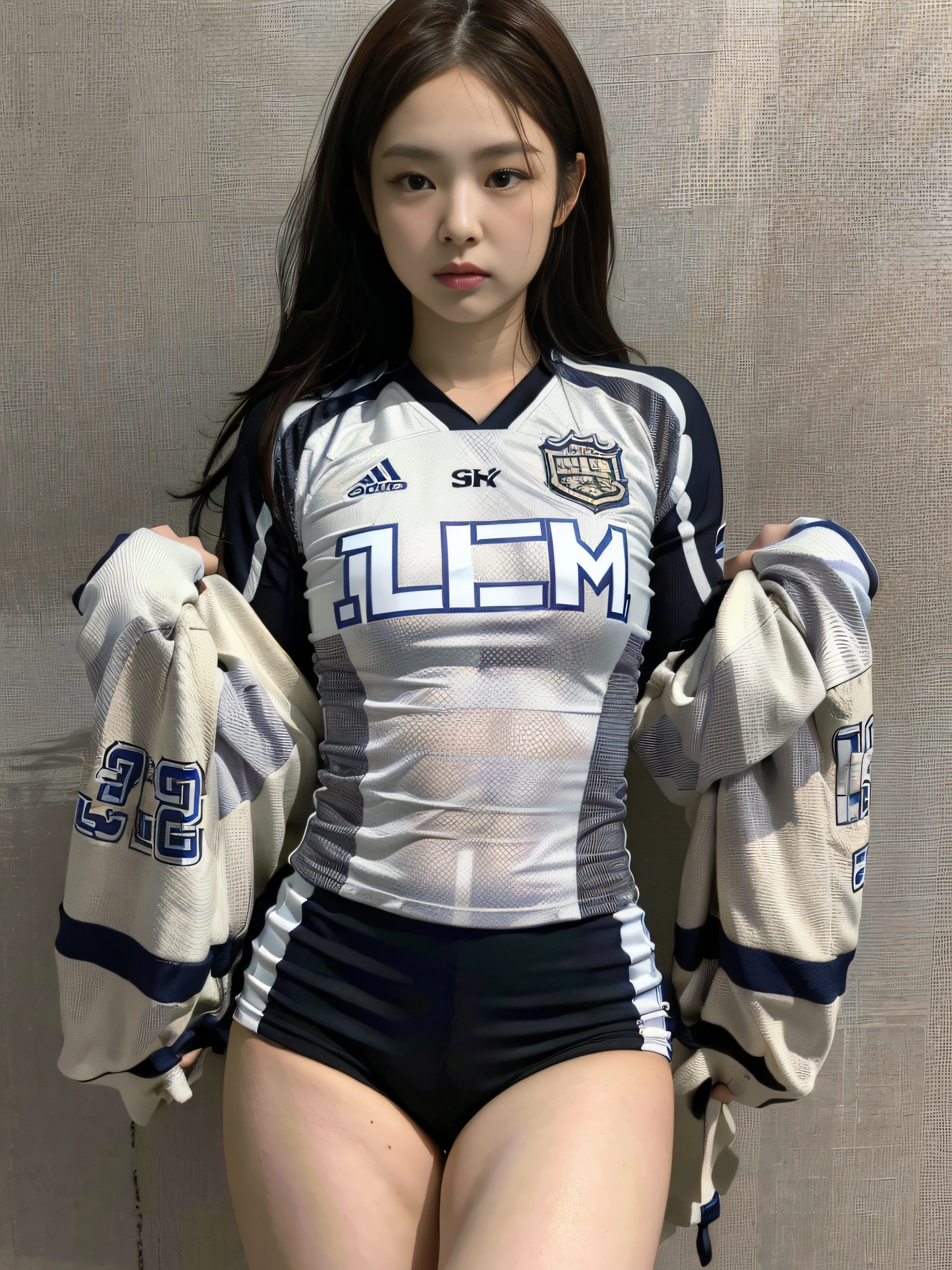 (1girl:1.3), Solo, __body-parts__, Kim Ji-ni Jennie face, wearing trendy brand, football uniform, world-weary face, cold eyes, Korean style photo photo, photography lighting, strong contrast, sunlight on the face, world-weary face, high-class sense, cold eyes, feminine, cement gray background, 8k resolution image, intricate symmetrical details. The whole picture goes forward, mainly a woman standing all over her body, with smooth movements and a complete picture.