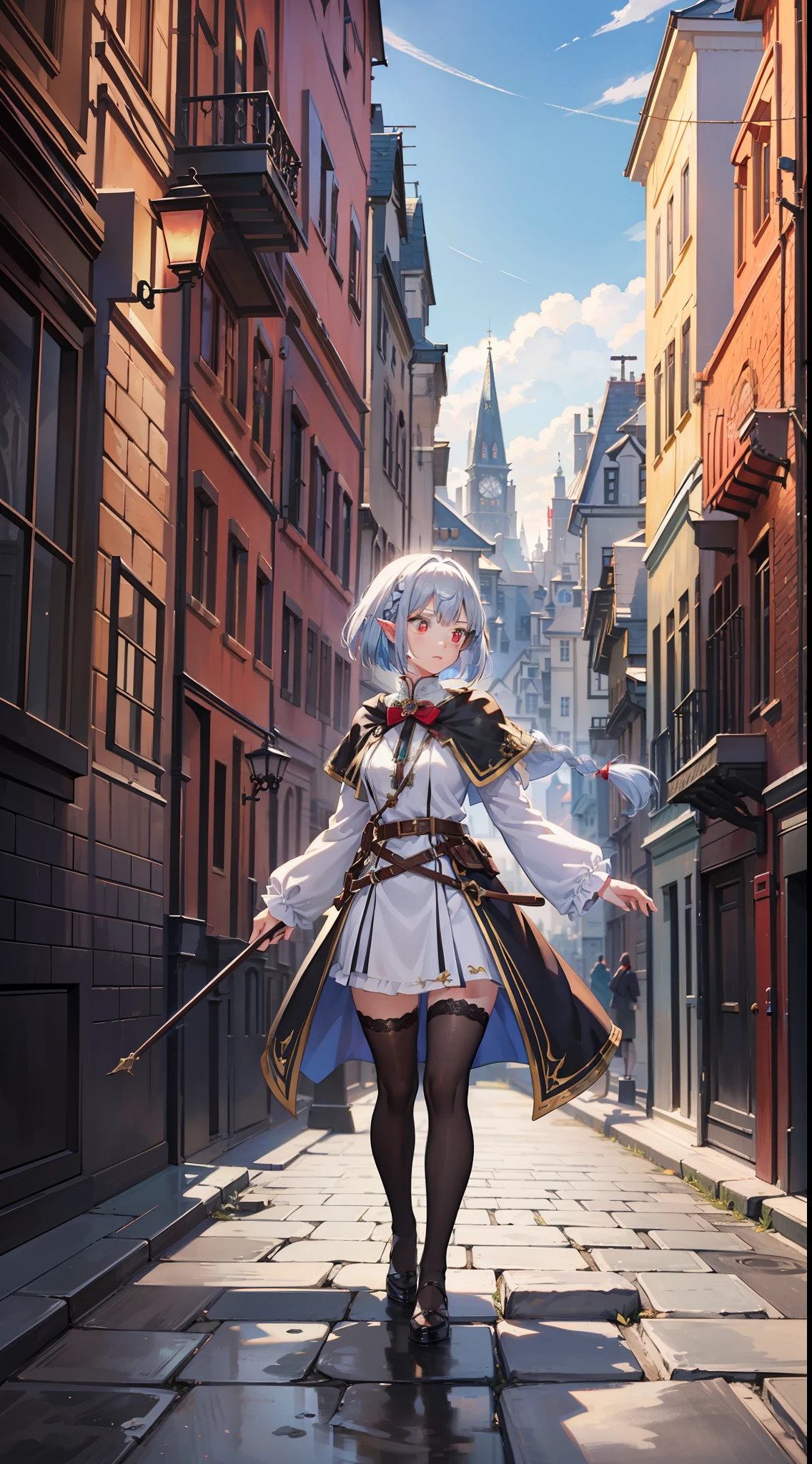 1girl, Elf, Silver hair, Red eyes, Bob cut, Braided hair, Fantasy style costume, Wizard, Ruffles, Robe, Long skirt, Tights, Black cloak, European cityscape, landscape, sky, solo, standing, stone floor, street, window, concept art, beautiful anime scene, beautiful anime landscape, ((Masterpiece))