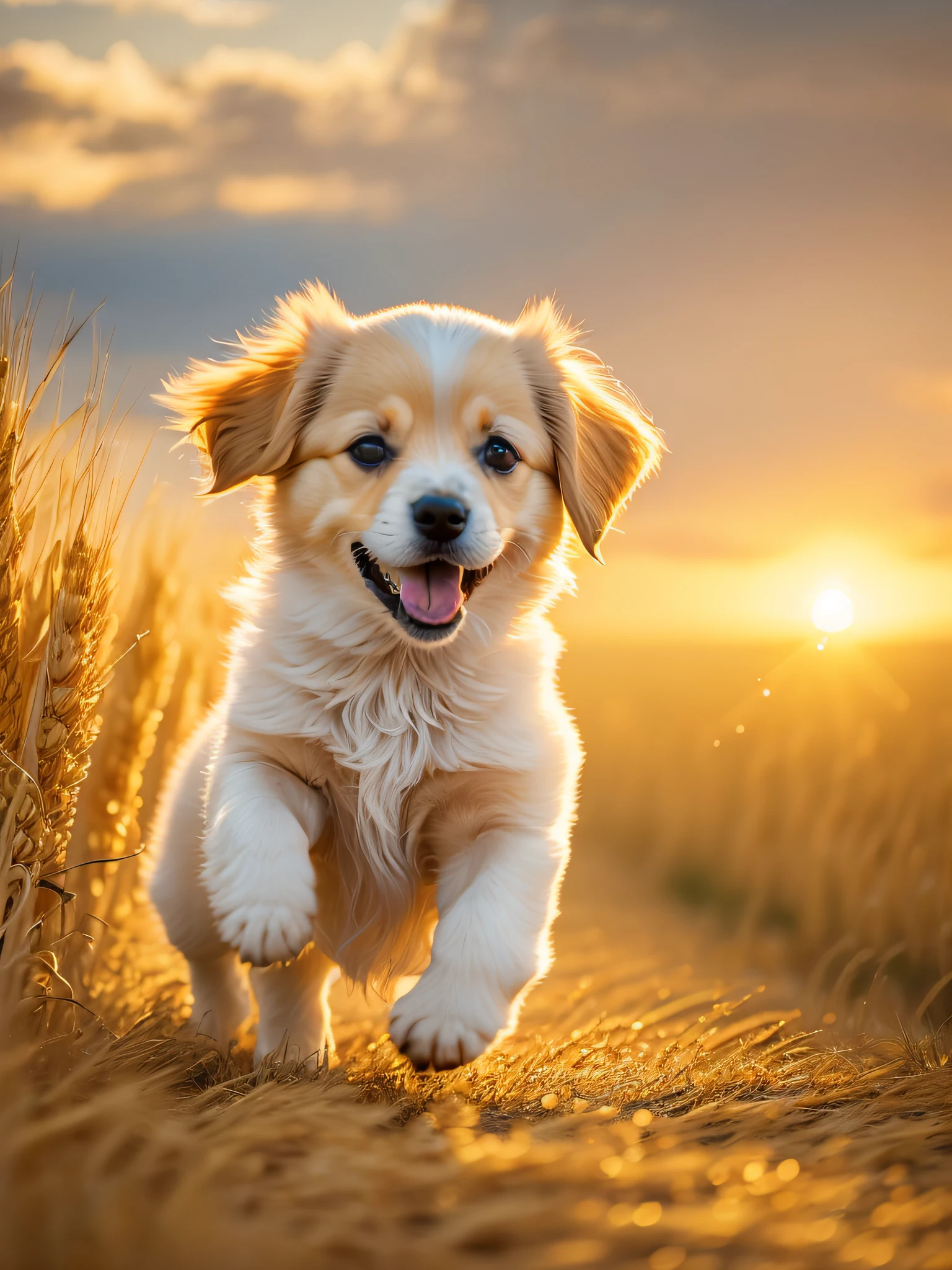 Photo of a very cute puppy running in a golden wheat field, facing the camera, showing his tongue and smiling, sunset sky, white clouds, soft volumetric light, (backlight: 1.3), (movie: 1.2), intricate details, (ArtStation: 1.3), Rutkowski