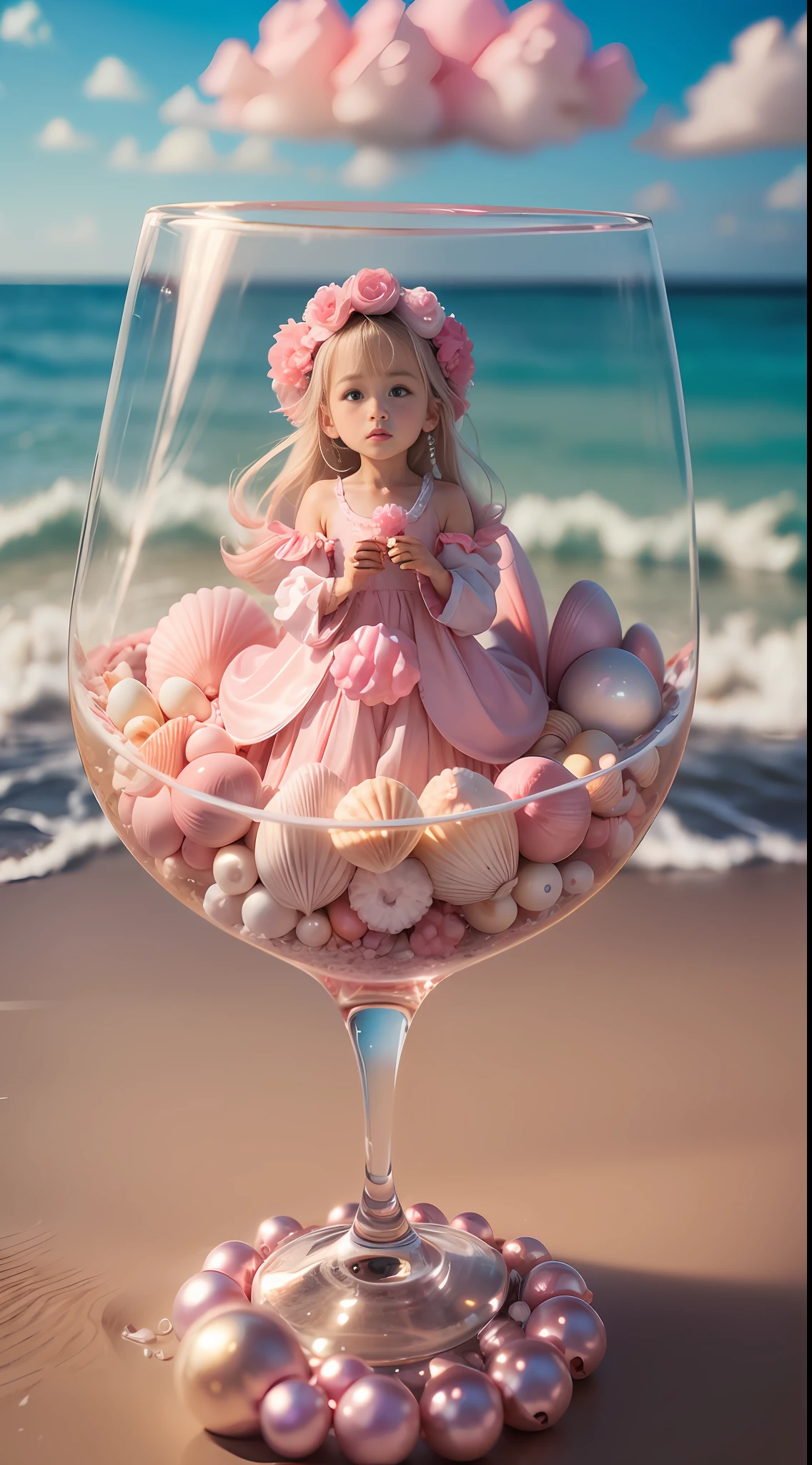 (8k, RAW Photo, Best Quality, Masterpiece: 1.2), (Realistic, Realistic: 1.37) There are many pink shells on the beach, there is water, pearlescent, pearls and shells, soft spills, pearling, pink jellyfish everywhere, soft 3D rendering, ethereal bubbles, bubble landscape, Iray shader, pastel pink, pink reflections, pearl sky, shells, paradise pink, pastel colors, pink pastels, 1 tiny tiny girl in the shells