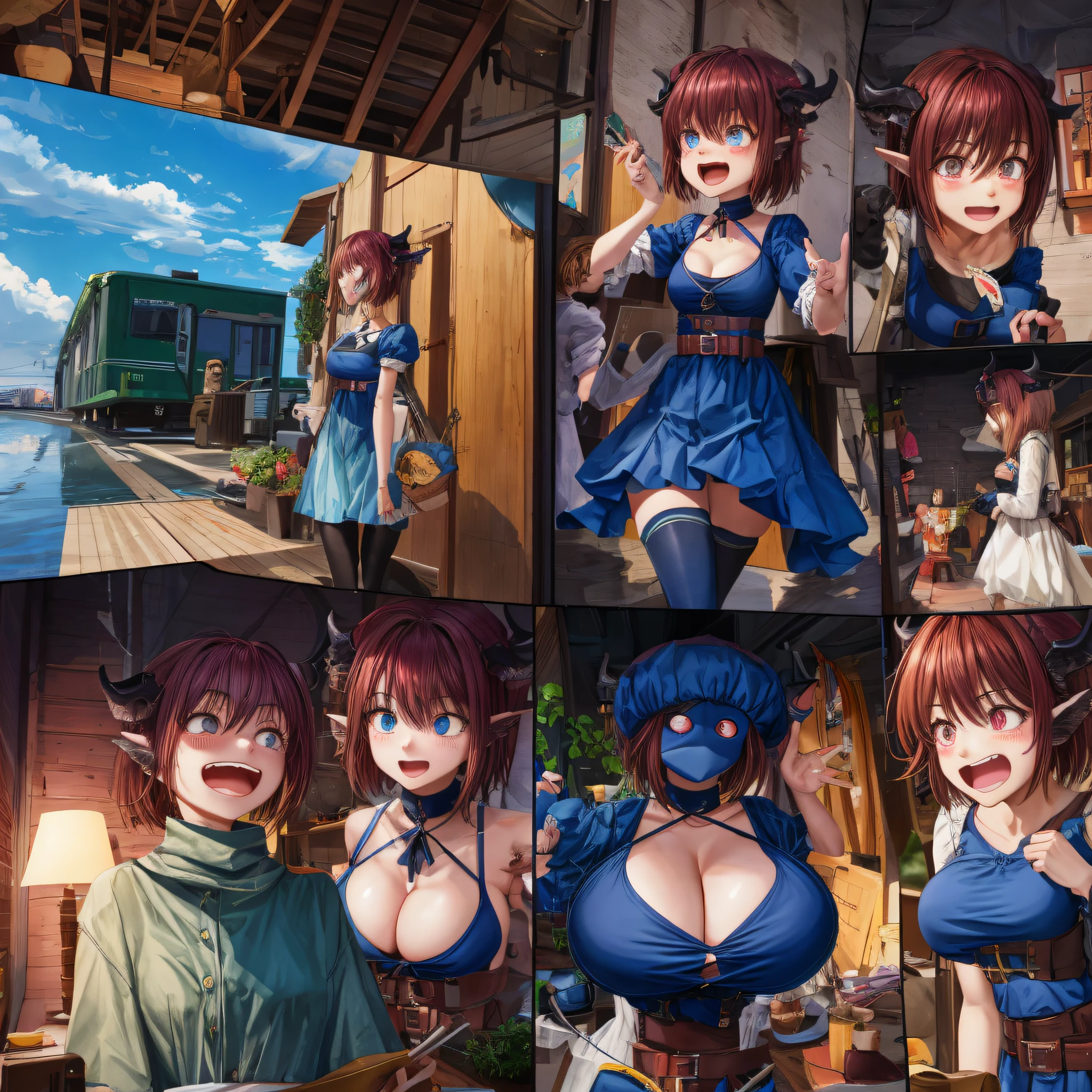 best quality, detailed face, detailed eyes, 1girl, demon girl, succubus, upper body, two panels BREAK, short hair, (small breasts: 1.5), :d, (trembling: 1.2), BREAK, breast expansion, (BEPlus: 1.5), (lines of motion: 0.7), tremors, looking at breasts, (embarrassed: 1.3), shocked, excited, focus on breasts, (girl in her room: 1.5), neckline