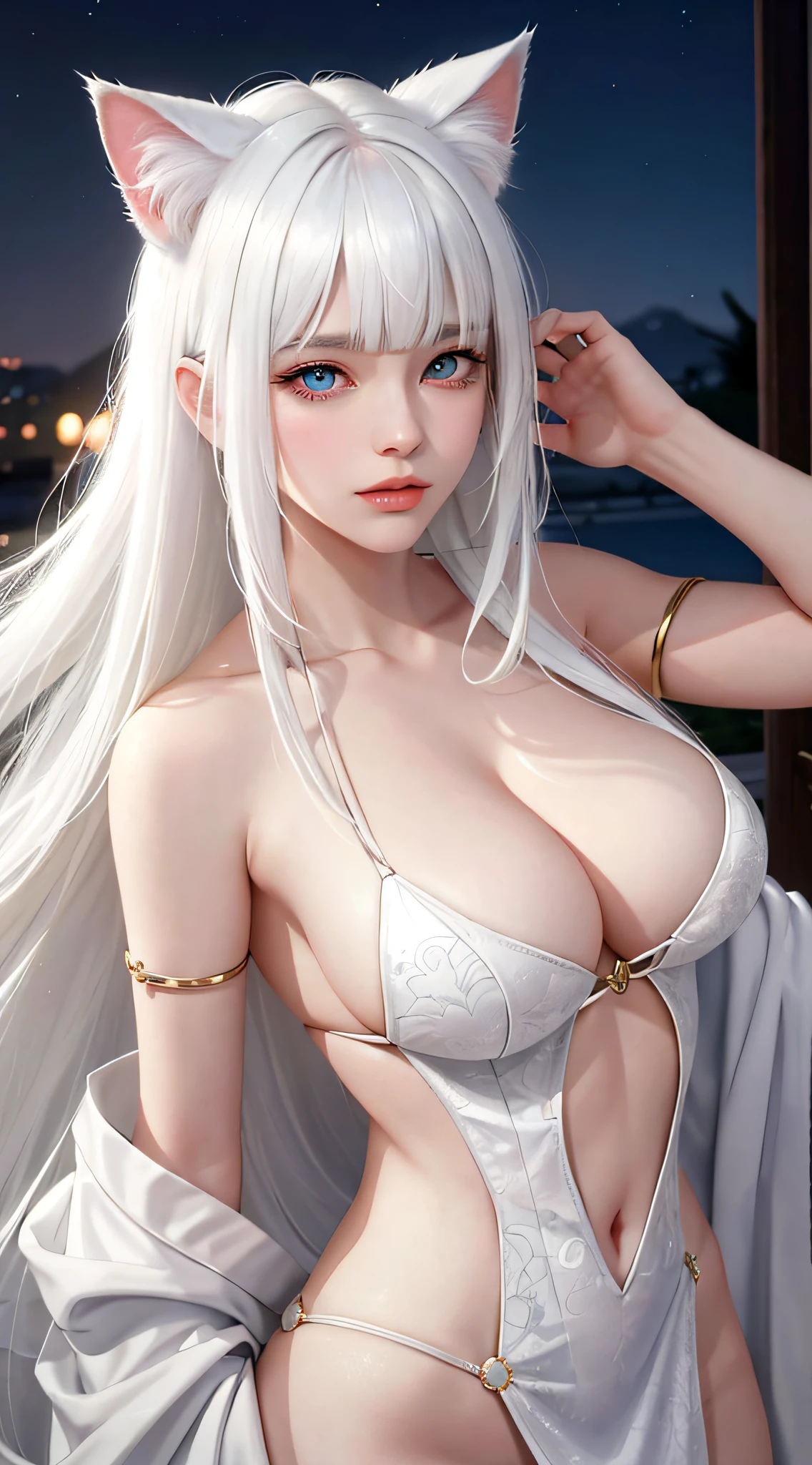 Light white hair, blunt bangs, asymmetrical hair, hair behind the ears, long hair, wavy hair, blue eyes, cat pupils, eyebrows behind hair, cat ears, severe, facial hair, UHD, anatomically correct, textured skin, high detail, 1080P, Japanese traditional clothing, sexy, exposed, big breasts, in the night garden, the most beautiful pose