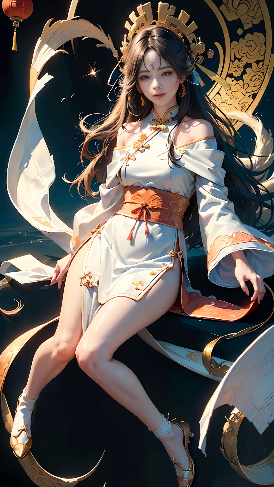 Official Art, Unified 8k Wallpapers, ((Hyperrealism) (Surrealism)), (3D), Ultra Detailed, Beautiful and Aesthetic, Masterpiece, Best Quality, (Zentangle, Tangle, Entangle), (Fractal Art: 1.4), 1girl, Detailed Eyes, (Fine Skin, Diffused Skin Pores), ((Very Detailed Background, Very Detailed Face, (Very Detailed, Fine Detail, Intricate), Shallow Depth of Field, Diffuse Soft Light, (long hair), off-the-shoulder, long skirt, calf, very detailed, dynamic angle, cowboyshot, (most beautiful form of chaos), flowing, (bright colors), OC, (full body: 1.2), Chinese, (thangka flying sky: 1.5), (ribbon: 1.3), (dream: 1.5), (Hanfu: 1.5), Chinese dragon, Chinese phoenix, (smile: 0.5), (Chinese deity),