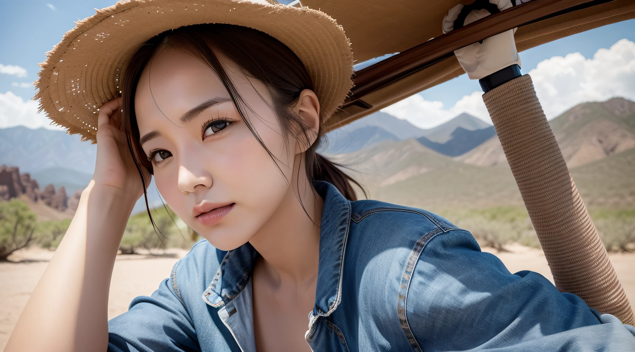 natural, cute, woman, Japan, underwear, shortcut, live action, 8k hyper realistic realistic texture, desert, denim, wilderness, realistic woman, thirsty, hot day, scorching sun, horizon, tired woman, endless, photography, reality