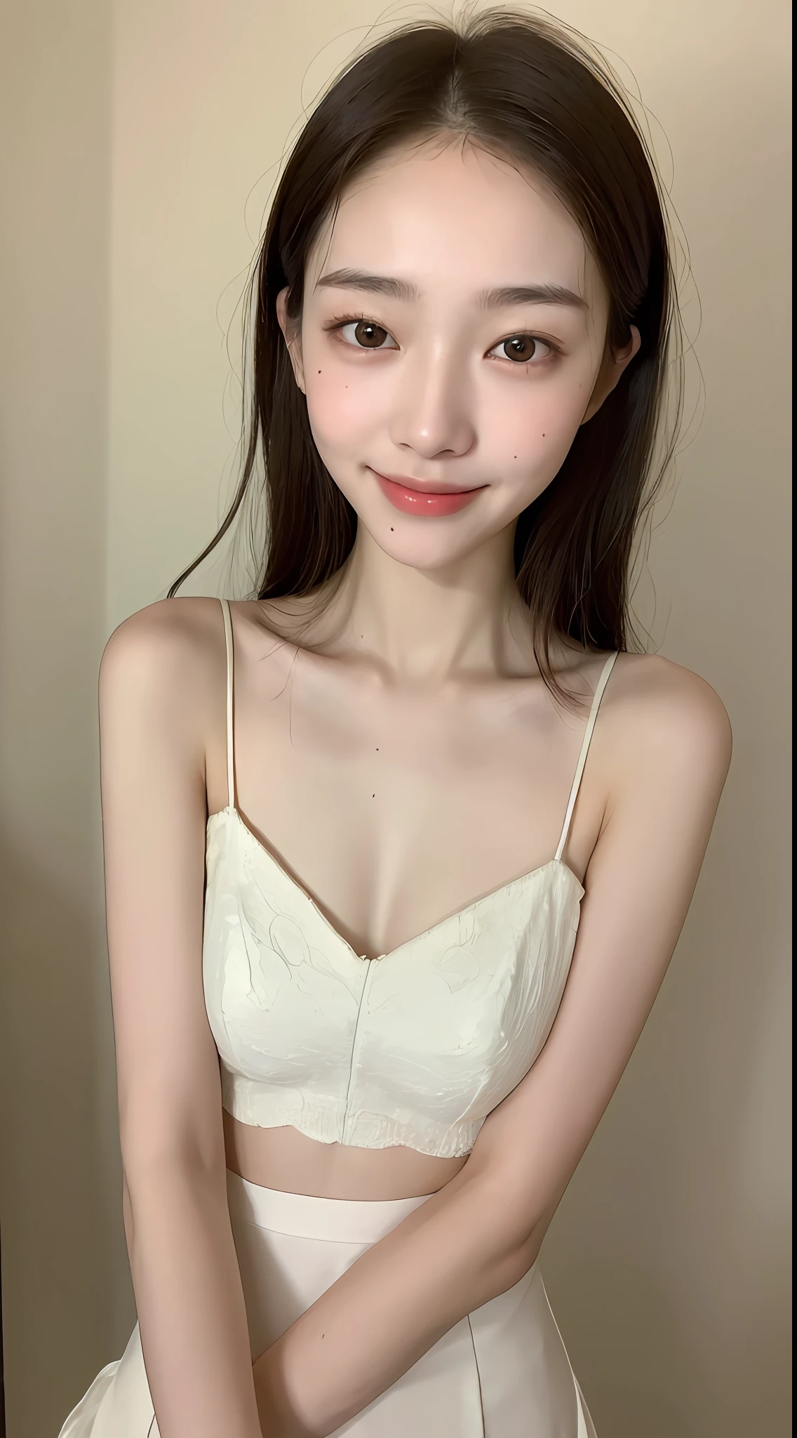 ((Best Quality, 8K, Masterpiece: 1.3)), 1 girl, slim, bare top, super slender face, delicate eyes, double eyelids, drooping eyes, smile,