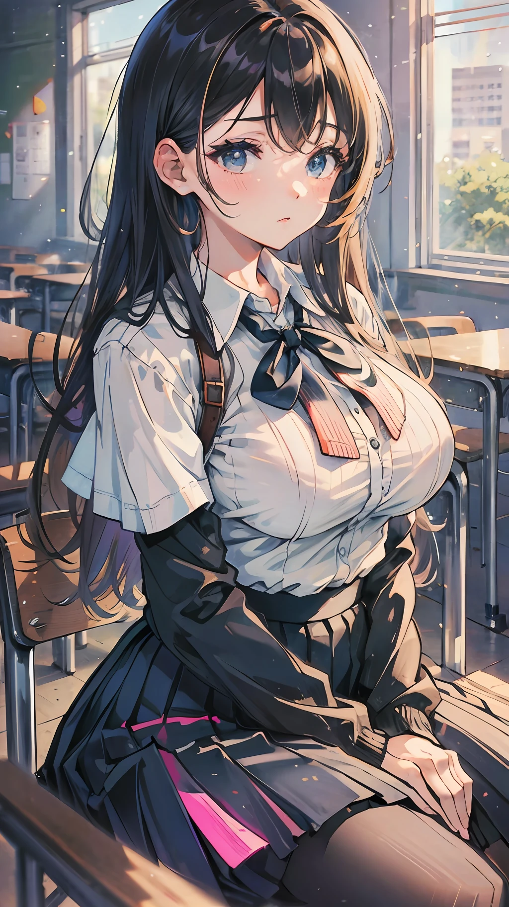 Masterpiece, Best Quality, Ultra Detailed, Illustration, Colorful, FAQ Color, Depth of Field, Lens Glow, 1girl, Anime, Seated, Brunetette, Big Breasts, Looking at the Audience, School, Classroom, Pleated Miniskirt, School Uniform, Serafuku, Black Pantyhose, Delicate Skin Texture, Delicate Fabric Texture, Nice and Meticulous Face, --auto --s2