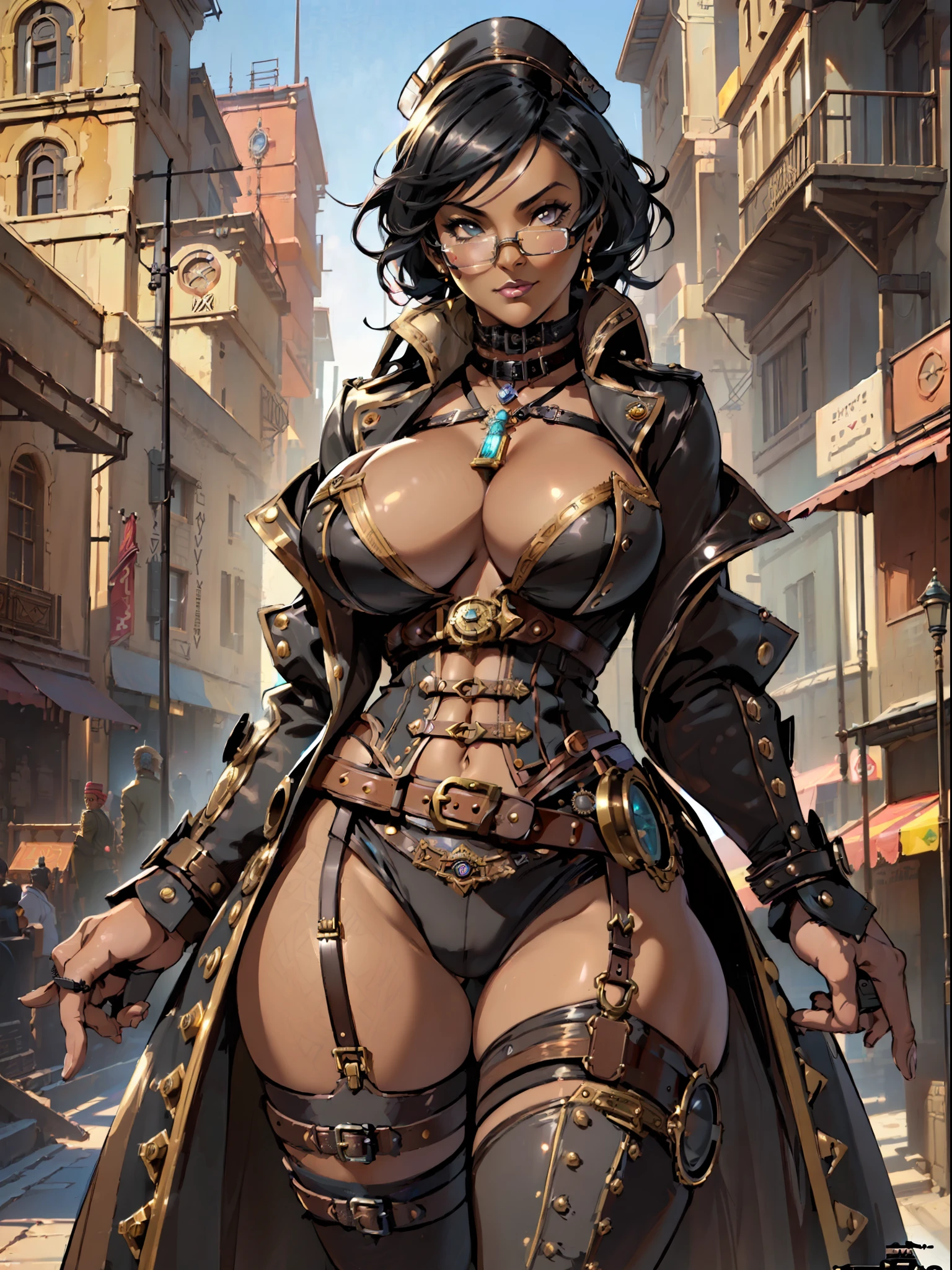 (((steampunk sexy girl, big sagging natural breast, very marked cameltoe, pezones grandes y marcados bajo la ropa, suggestive pose, sexy pose, sexy face, steampunk full clothes insane detail, intricade detail clothes, gabardina larga, steampunk background steampunk city ,areola marcada, areola sobresaliente, cleavage,))),((((( dark skin,black african woman ))))) steampunk, anime, pretty face, large scale, realistic proportions, highly detailed, smooth, sharp focus, 8k, ray tracing, digital painting, concept art illustration, by artgerm, trending on artstation,