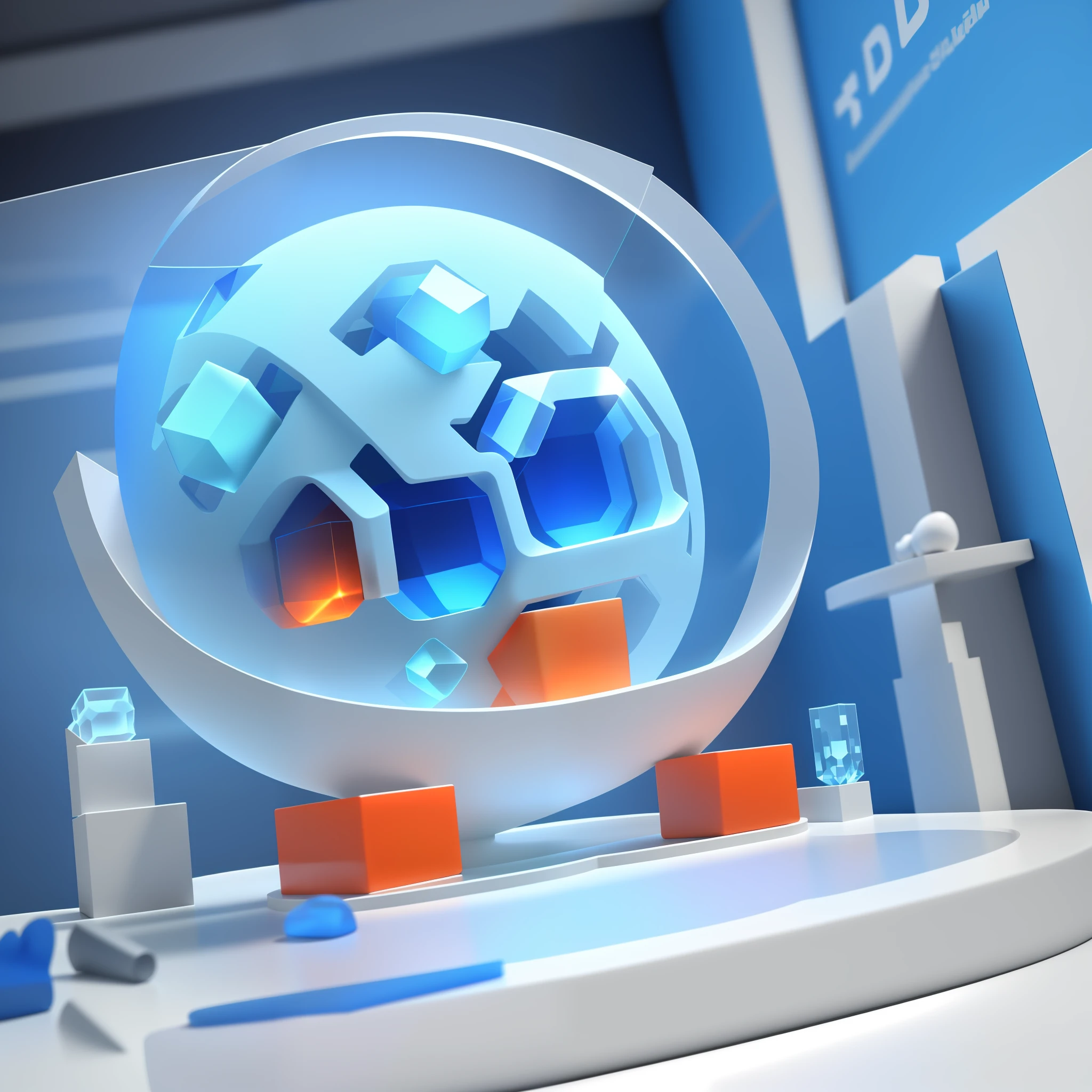 Computer screen with blue screen, 3D illustration, depicted as 3D rendering, 3D illustration, 3D abstract rendering overlay, futuristic science lab, 3D rendering, clean 3D rendering, blue realistic 3D rendering, 3D mask illustration, pre-rendered isometric graphics, simple and clean background, glass texture, best quality, rich detail, 4k, blender, octane render, C4D, transparent glass texture, DDicon, blue|orange, frosted glass, transparent technology, industrial design, white background, lighting, sunlight, plane, minimalist, skeuomorphism, axisymmetry, data, cube, document,