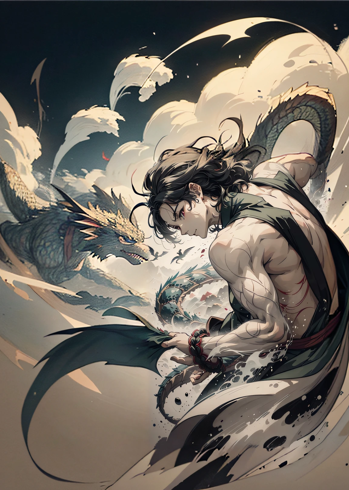A dragon appears from the energy wave in the Martial arts practitioner arm.The dragon flies towards us to attack us.Smoke comes out of his arm and it turns into a dragon.The body of a smoky dragon surrounds the Martial arts practitioner.《(India-ink drawing,Overcoat of glaze,thick impasto,Creating light and shadow):1.4, Chen Rong,sumi, expressive technique,》low-key lighting, moody ambiance, dark shadows, subtle highlights, mysterious aura, blooming light effect, light from heaven,White background,Expression only in sumi-e,drawn on Japanese paper,hakama without gores,huimobysim:1.6