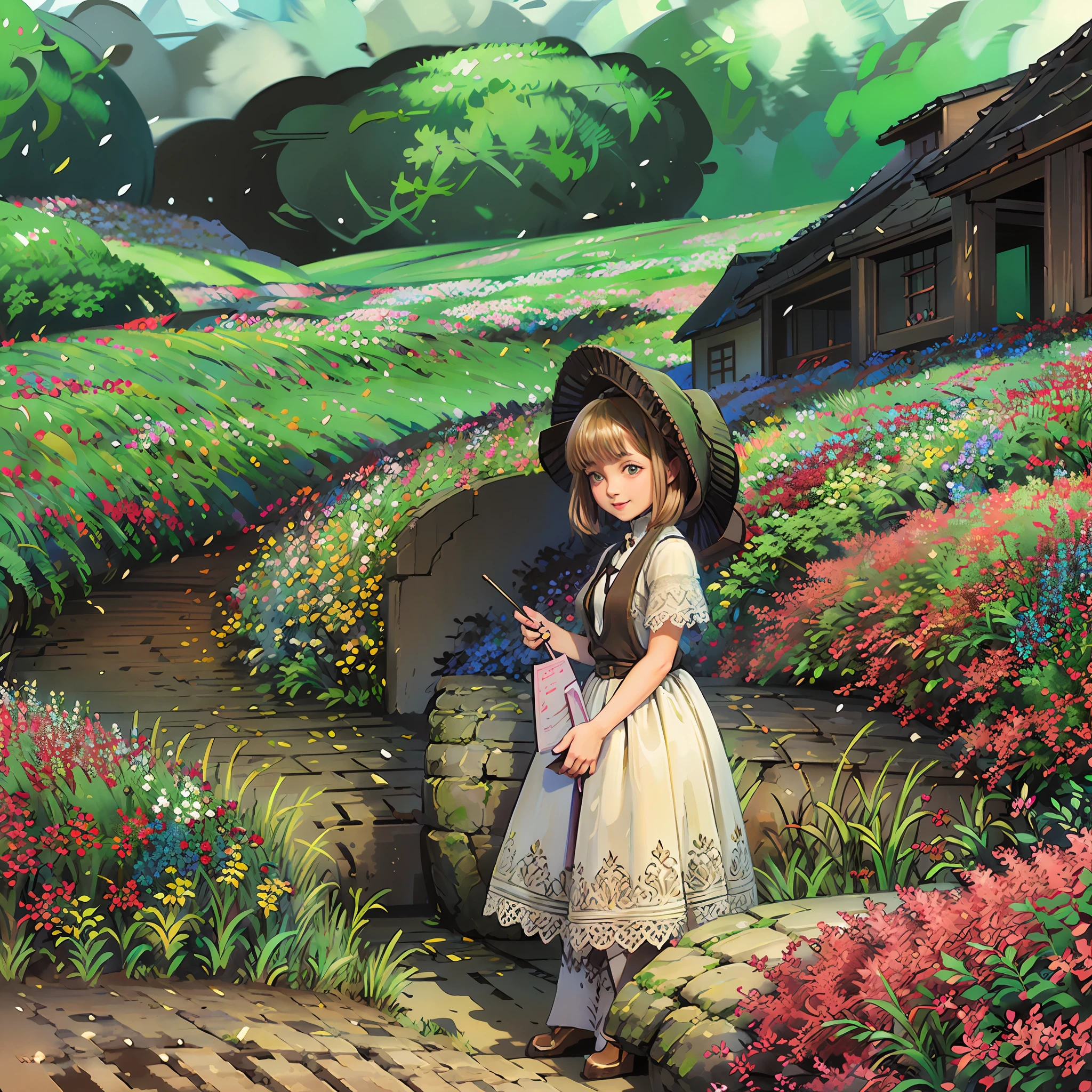 *********** tending garden, illustration, 2d, lineart, beautiful girl smiling, in a landscape with mounts in the background, best quality, masterpiece, ultra high resolution, --auto --s2