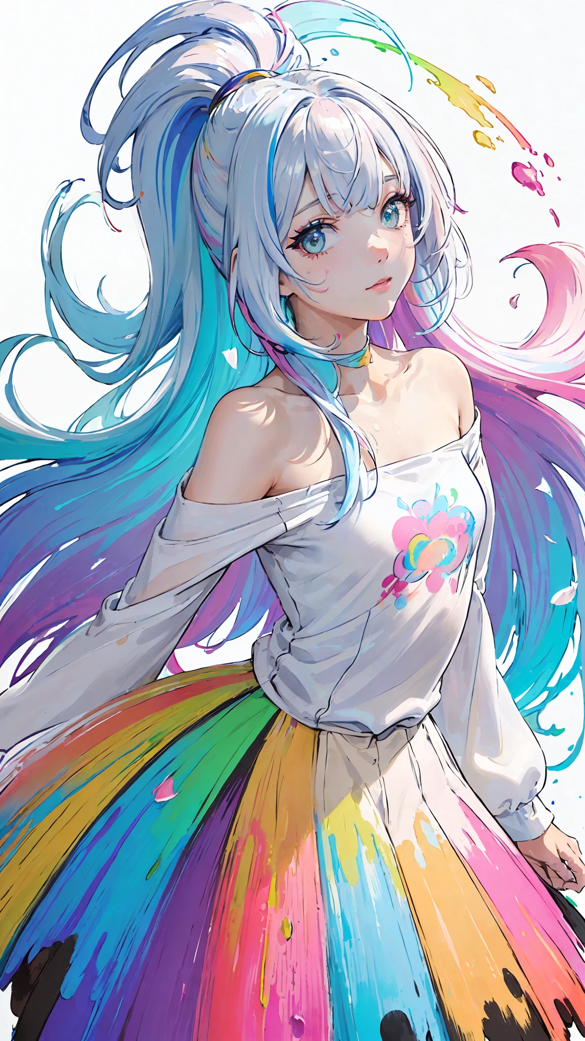 (Pink Fashion T-shirt:1.9),(Colorful hair: 1.8), (all the colours of the rainbow: 1.8),(((((vertical painting:1.6))), (painting:1.6),front, comics, illustrations, paintings, large eyes, crystal clear eyes,( rainbow color gradient high ponytail:1.7), exquisite makeup, closed mouth,(Small Fresh: 1.5),(Wipe Chest: 1.6) ,long eyelashes, white off shoulder T-shirt, White Shoulder Shirt,looking at the audience, large watery eyes, (rainbow colored hair:1.6), color splash, (solo:1.8), color splash, color explosion, thick paint style, messy lines, ((shining)),(colorful), (colorful), (colorful), colorful, Thick Paint Style, (Splash) (Color Splash), Vertical Painting, Upper Body, Paint Splash, Acrylic Pigment, Gradient, Paint, Highest Image Quality, Highest Quality, Masterpiece, Solo, Depth of Field, Face Paint, colorful clothes, (Elegant: 1.2), gorgeous,long hair, wind, (Elegant: 1.3), (Petals: 1.4),(((masterpiece))),(((best quality))),((ultra-detailed)),(illustration),(dynamic angle),((floating)),(paint),((disheveled hair)),(solo),(1girl) , (((detailed anima face))),((beautiful detailed face)),collar,bare shoulders,white hair, ((colorful hair)),((streaked hair)),beautiful detailed eyes,(Gradient color eyes),(((colorful eyes))),(((colorful background))),(((high saturation))),(((surrounded by colorful splashes))),
