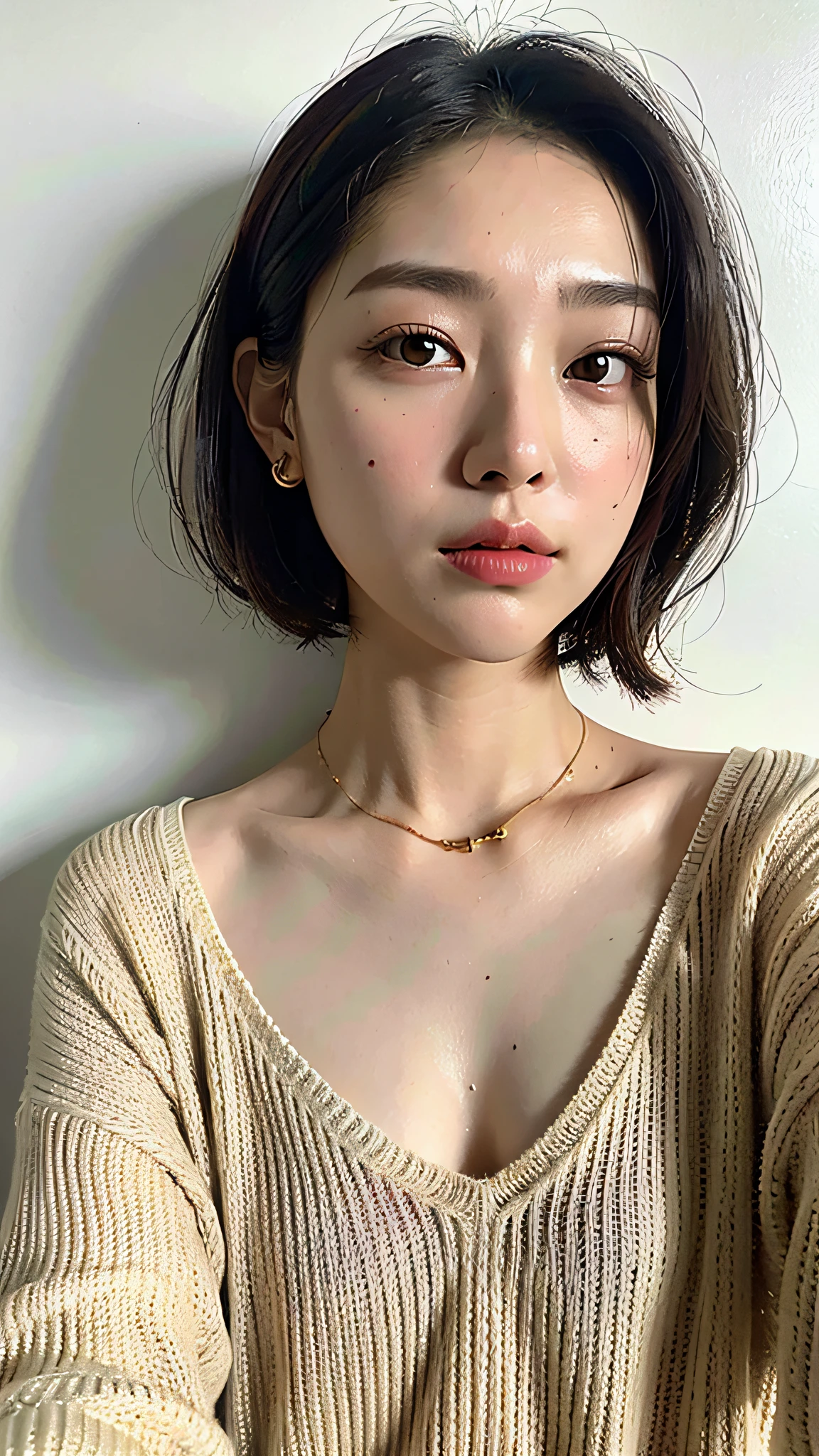 Best Quality, 8k, 32k, Masterpiece, UHD: 1.2), photo beautiful chinese woman, room, very short Bob hair, upper body, facial focus, oversized_sweater, necklace, simple background, from above, looking at the viewer,