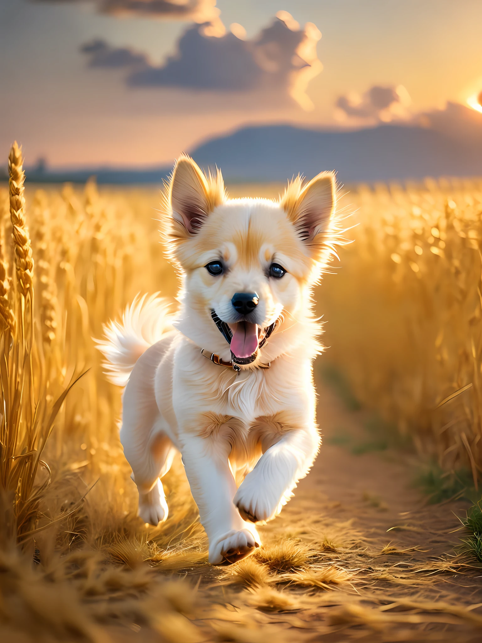 Photo of a very cute puppy running in a golden wheat field, facing the camera, showing his tongue and smiling, sunset sky, white clouds, soft volumetric light, (backlight: 1.3), (movie: 1.2), intricate details, (ArtStation: 1.3), Rutkowski