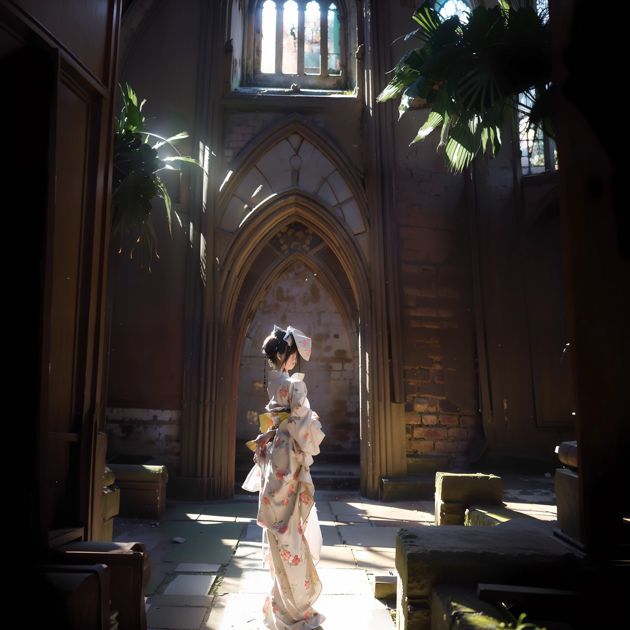 The ruined Notre Dame Cathedral, in an abandoned church building covered with ivy and moss, is rendered in great detail, with a beautiful teenage slender girl in a traditional kimono with a modern twist of Japan walking through a rather dark church. She has her back to me and I can't see her face. The floor beneath her feet shines beautifully reflecting the afternoon light. Her shadow stretches towards us. She is heading for the exit. Her garments shine beautifully in the afternoon light shining through the church's skylight. The kimono is translucent and transmits light, creating a projection on the floor. The kimono is traditional yet colorful, with a refined thin fabric and a soft fabric. Rubble scattered on the floor, trees growing on the border of the ruins, grass growing, sky view through broken window, small, best quality, realistic, photorealistic, best quality, masterpiece, very delicate and beautiful, very detailed, fine detail, ultra detail, high resolution, very detailed, realistic, ultra high definition, best quality, ultra high definition, high quality textures