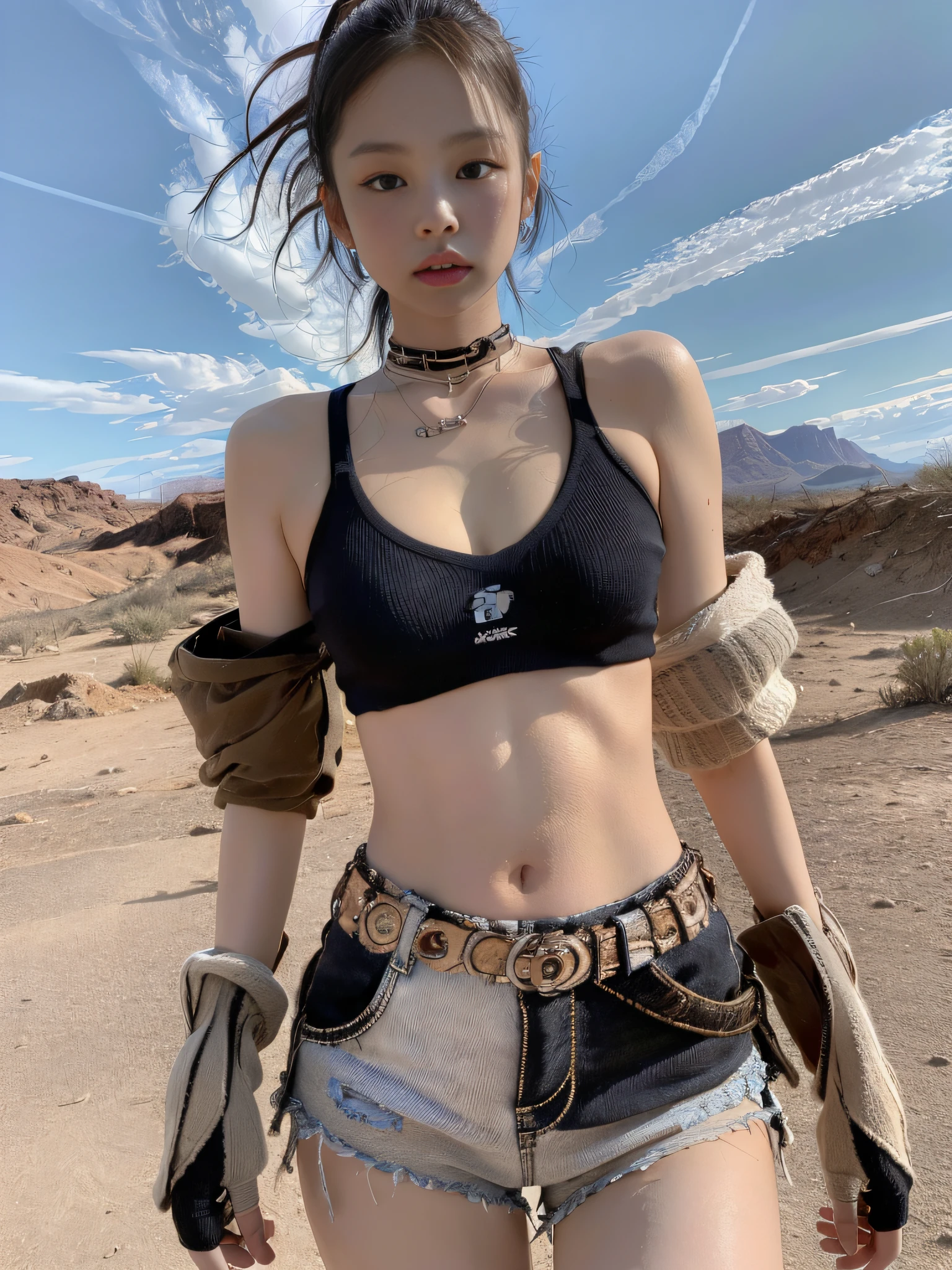 Masterpiece, Excellent, Realism, Jennie Face, Jennie Wearing Sport Knit, Shorts, Bare Waist, Bare Shoulders, Cleavage, Layered, Long Legs, Wasteland Punk Style, Wasteland Punk Style, Wasteland, Desert, Wind and Dust Details Intricate, HD, Photography Lighting, 16K