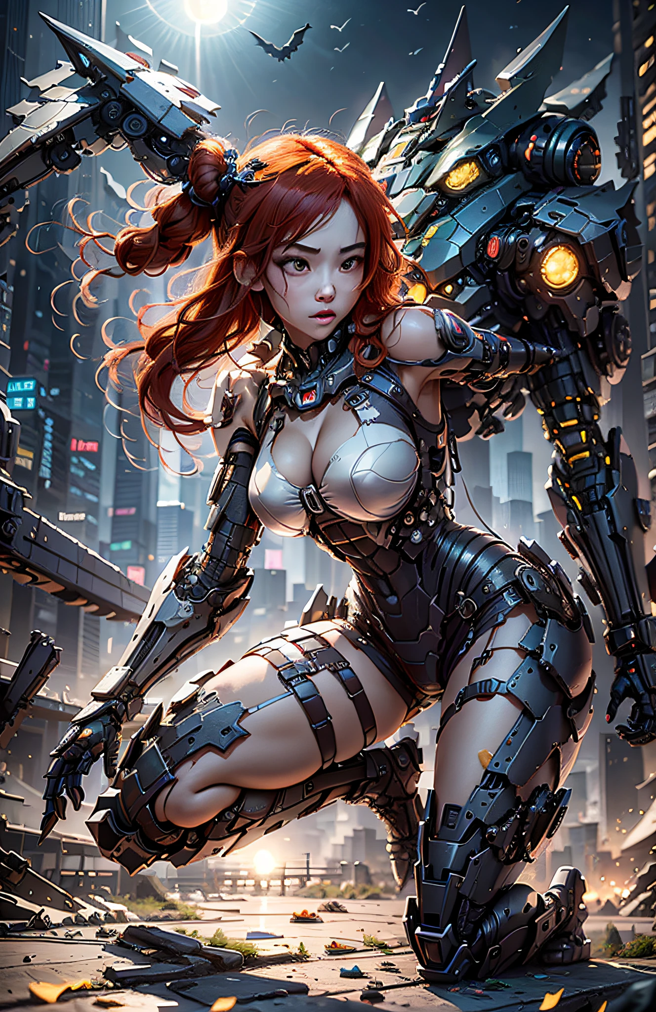 (Best Quality)), ((Masterpiece)), (Very Detailed: 1.3), 3D, Beautiful cyberpunk woman, batman cosplay, sci-fi technology, HDR (High Dynamic Range), ray tracing, nvidia RTX, super resolution, unreal 5, subsurface scattering, PBR texture, post-processing, anisotropic filtering, depth of field, maximum sharpness and sharpness, multi-layer texture, specular and albedo mapping, surface shading, accurate simulation of light-material interactions, perfect proportions, octane rendering, duotone lighting, low ISO, white balance, rule of thirds, wide aperture, 8K RAW, high efficiency subpixels, subpixel convolution, light particles, light scattering, Tyndall effect, very sexy bikini, full body, battle pose, red hair with braids, bats in the sky notuno, full moon,