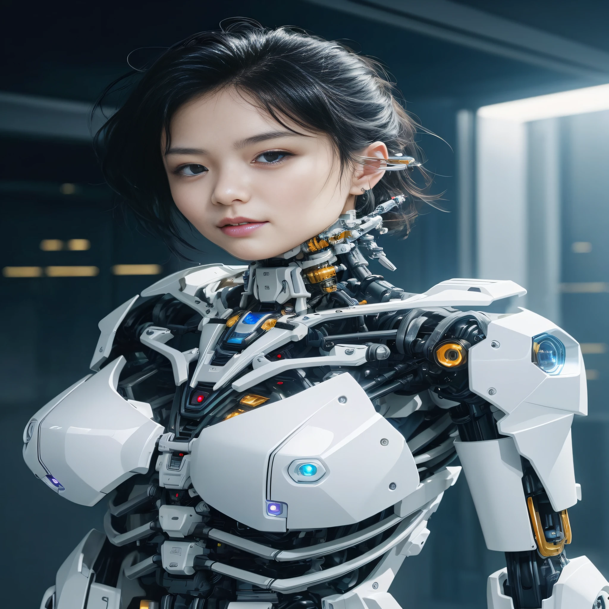 complex 3d render ultra detailed of a porcelain woman cyborg, 1girl, (natural skin texture, realistic eye details:1.2), robotic parts, beautiful soft light, rim light, vibrant details, luxurious cyberpunk, hyperrealistic, anatomical, facial muscles, cable electric wires, microchip, elegant, beautiful background, octane render, APPLE style, 8k, best quality, masterpiece, illustration, extremely delicate and beautiful, CG, unity, wallpaper, (realistic, photo-realistic:1.2), Amazing, finely detail, masterpiece, best quality, official art, extremely detailed CG unity 8k wallpaper, incredibly absurdres, sexy robot, mechanical skeleton, android, surrealism, doomsday wasteland, (high-tech prosthetics:1.2), fluffy black short hair, perfect body, Navy blue glowing cyber vessel