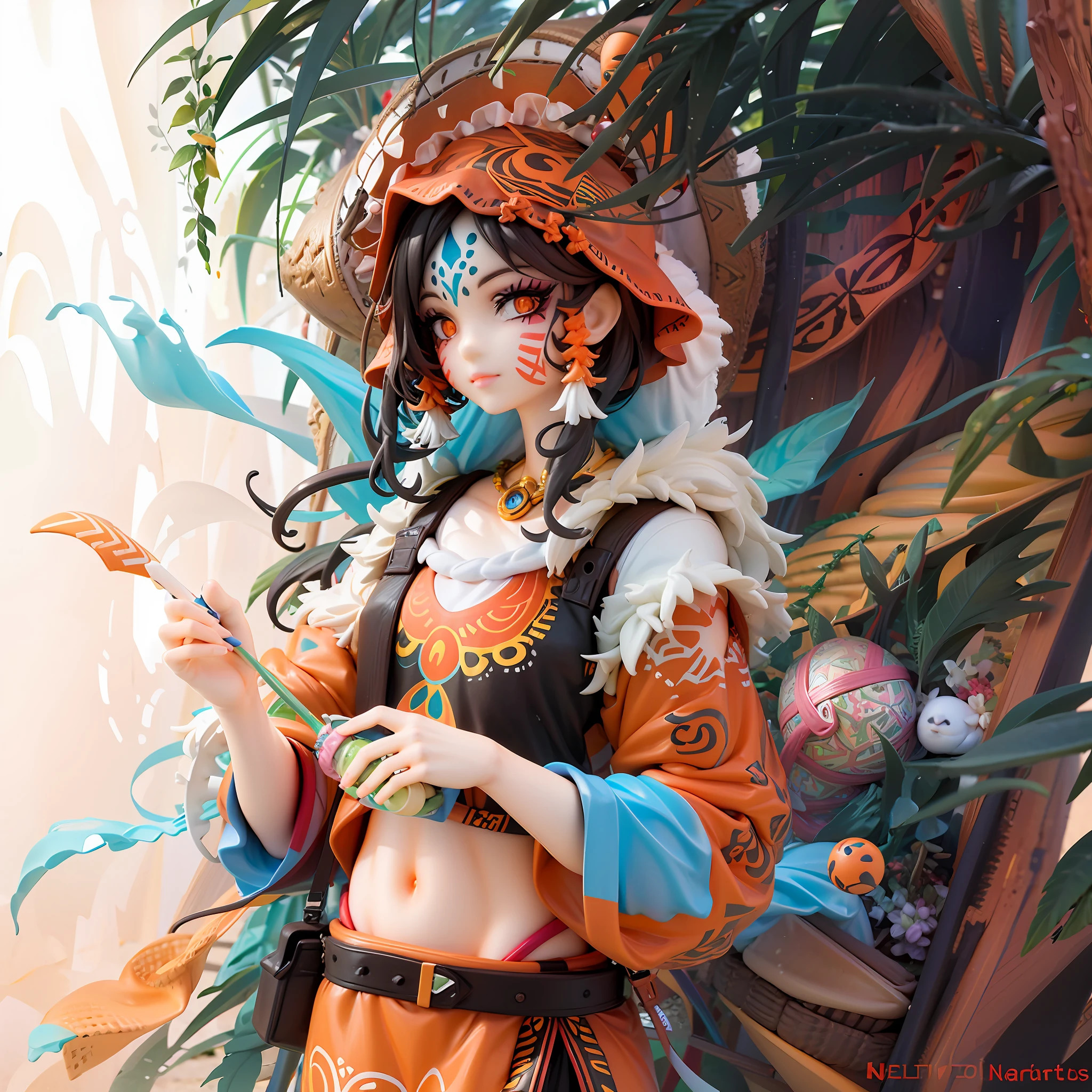 Girl, colorful, zentagle, face paint, orange national costume m shortcut, black hair, orange eyes, orange striking hat